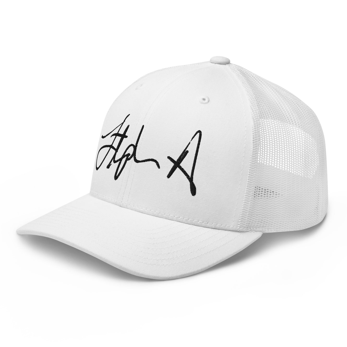 A white structured baseball cap with a curved brim and black script embroidery on the front, shown against a plain white background. Stephen Allen Music