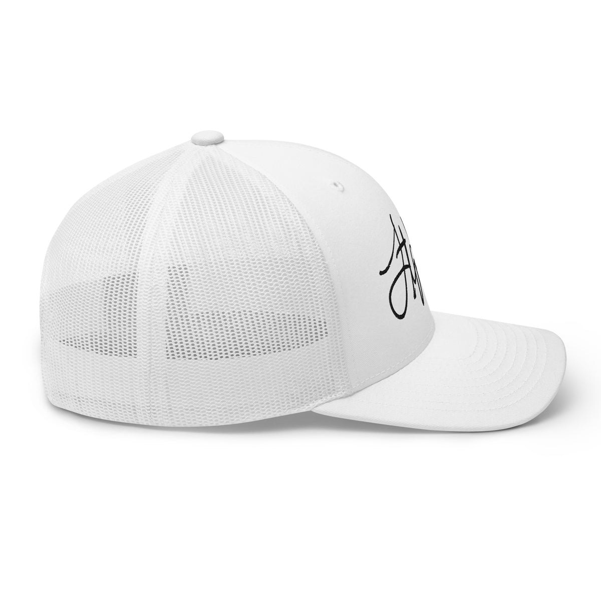 A white structured baseball cap with a curved brim and black script embroidery on the front, shown against a plain white background. Stephen Allen Music