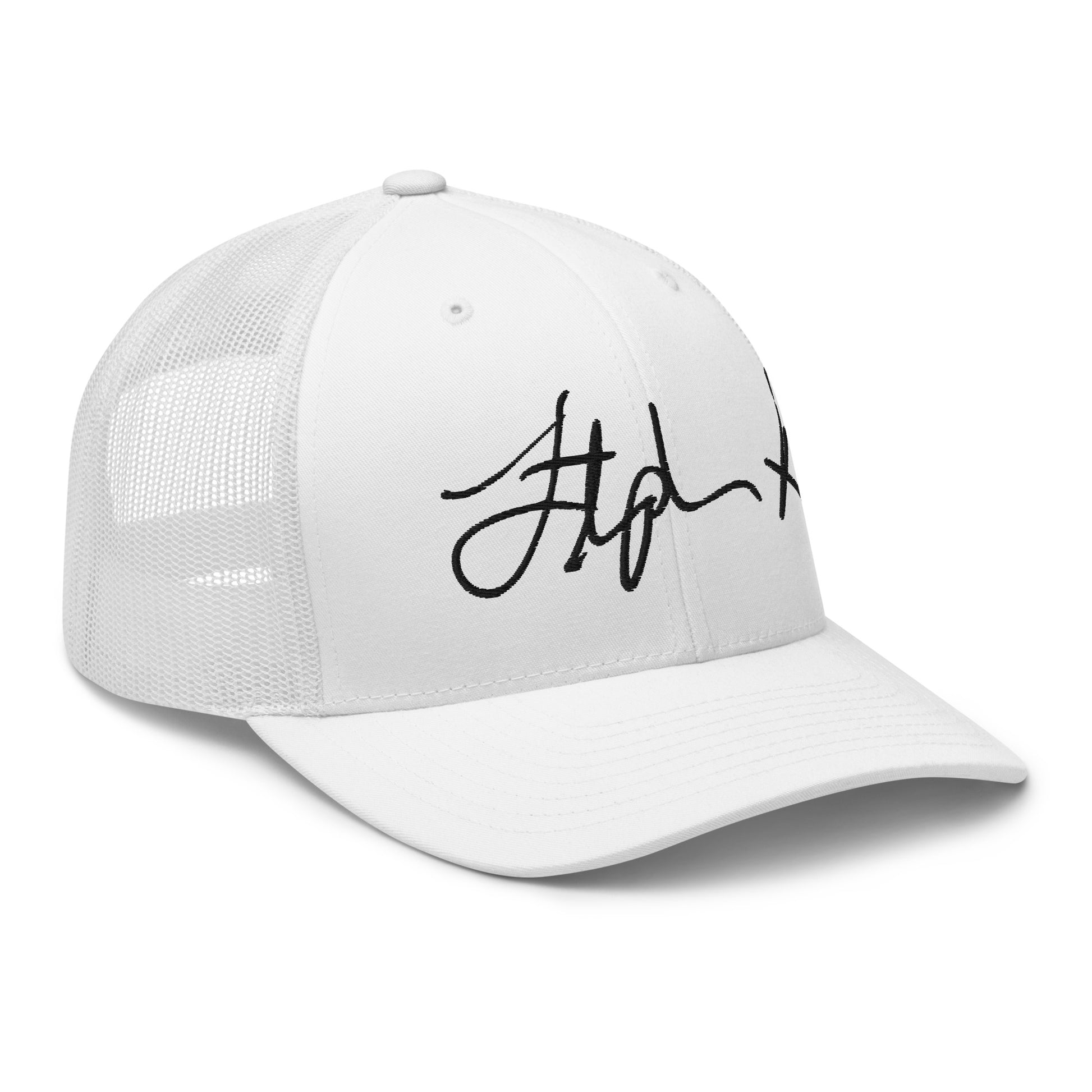 A white structured baseball cap with a curved brim and black script embroidery on the front, shown against a plain white background. Stephen Allen Music
