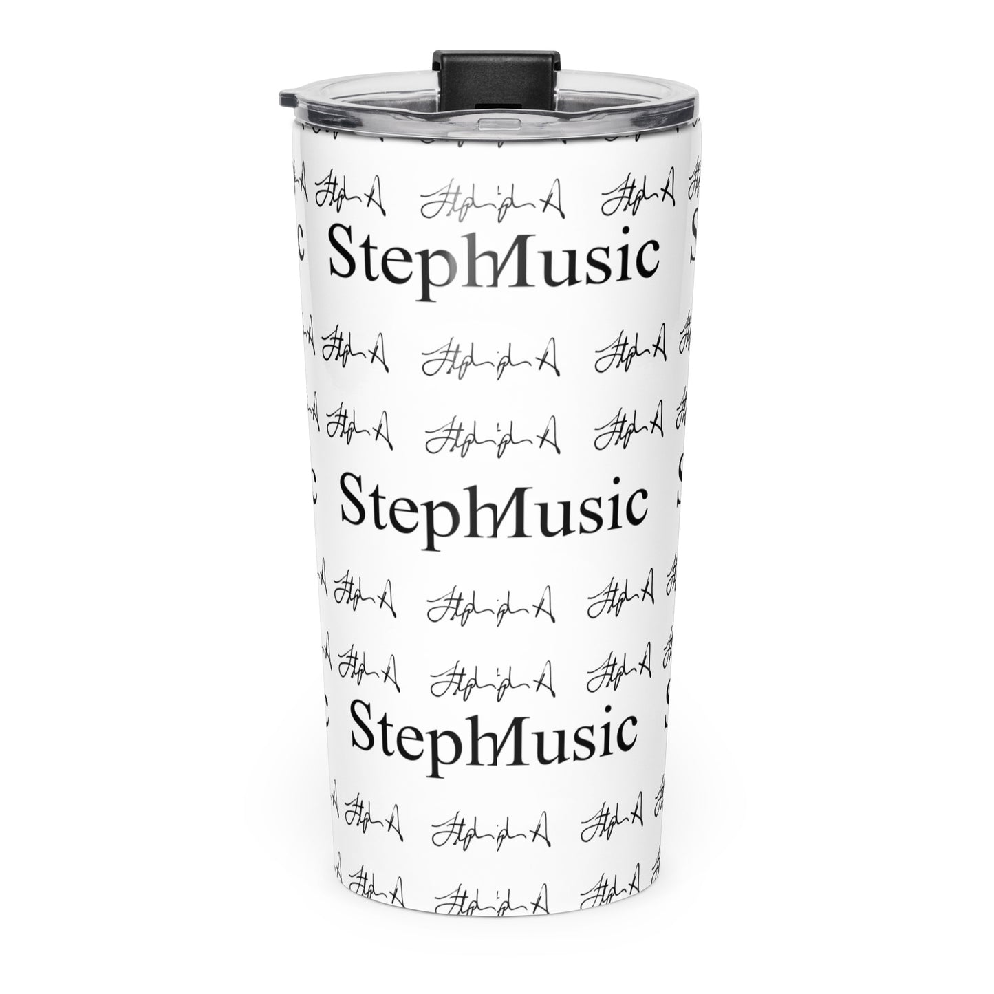 A white insulated travel tumbler with a black lid, featuring a repeating black pattern of 'Stephen Allen Music' text and signatures, shown on a plain white background.