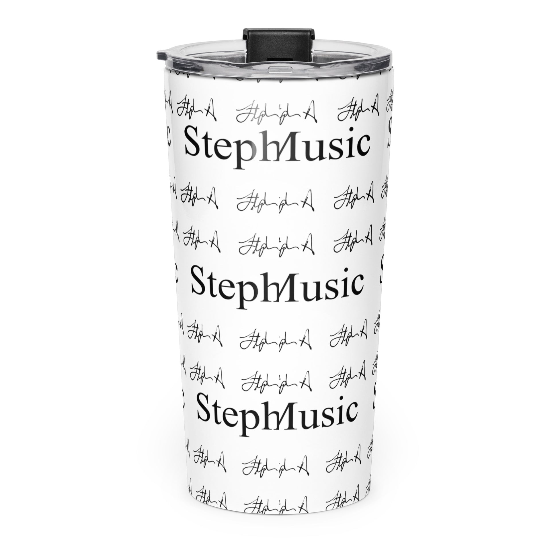 A white insulated travel tumbler with a black lid, featuring a repeating black pattern of 'Stephen Allen Music' text and signatures, shown on a plain white background.