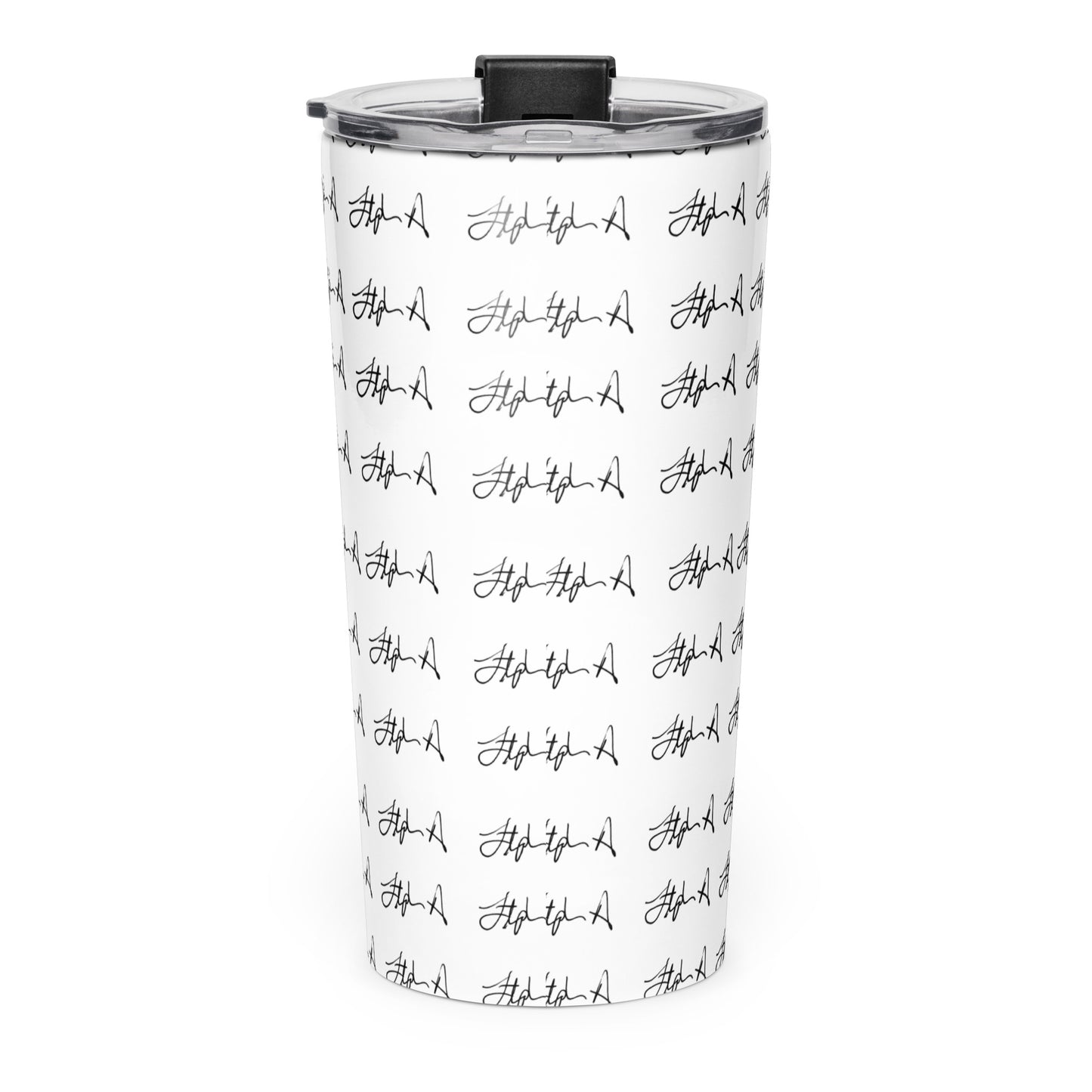 A white insulated travel tumbler with a black lid and black script logo print all over, shown on a plain white background. Stephen Allen Music