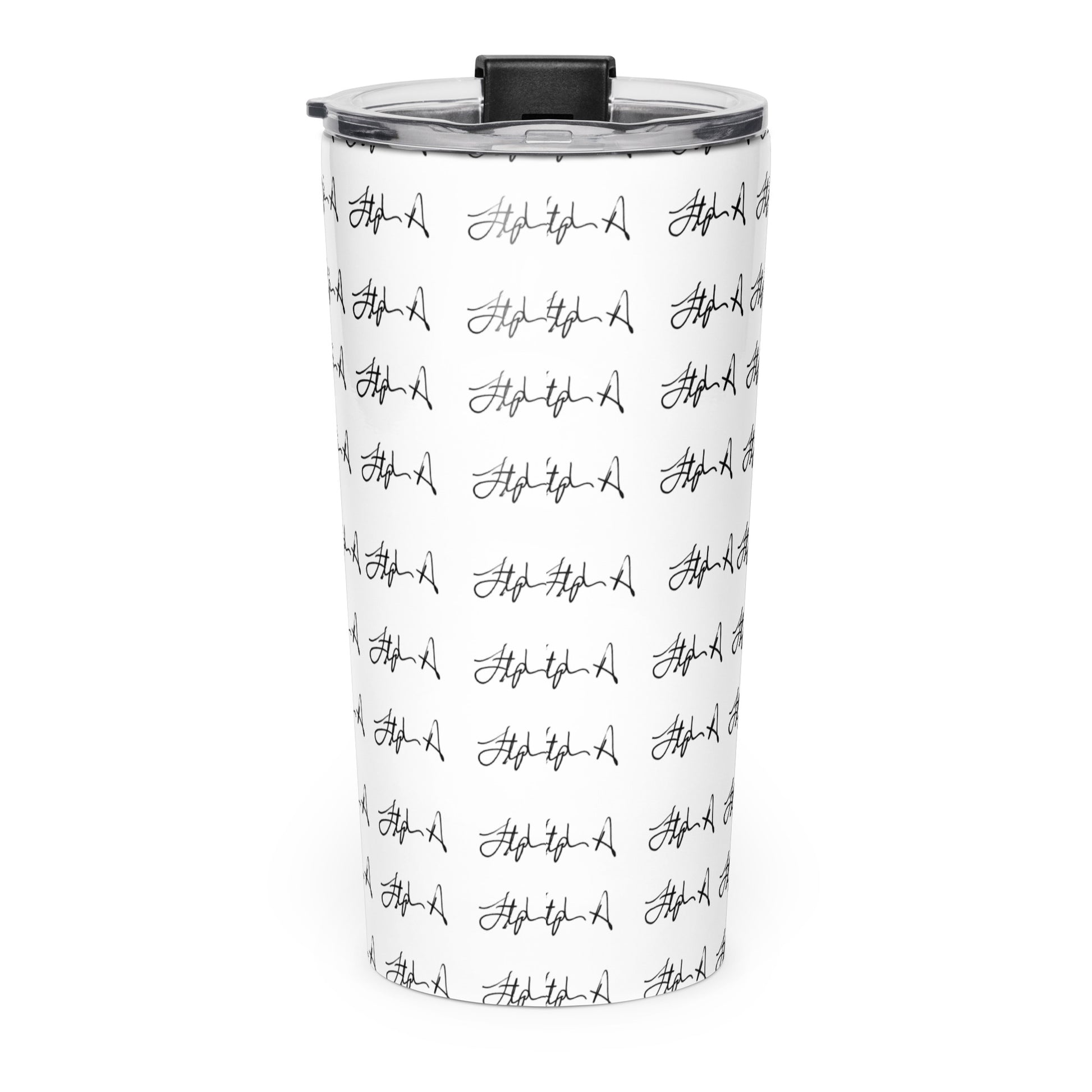 A white insulated travel tumbler with a black lid and black script logo print all over, shown on a plain white background. Stephen Allen Music
