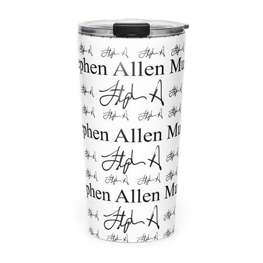 A white insulated travel tumbler with a black lid, featuring a repeating black pattern of 'Stephen Allen Music' text and signatures, shown on a plain white background.