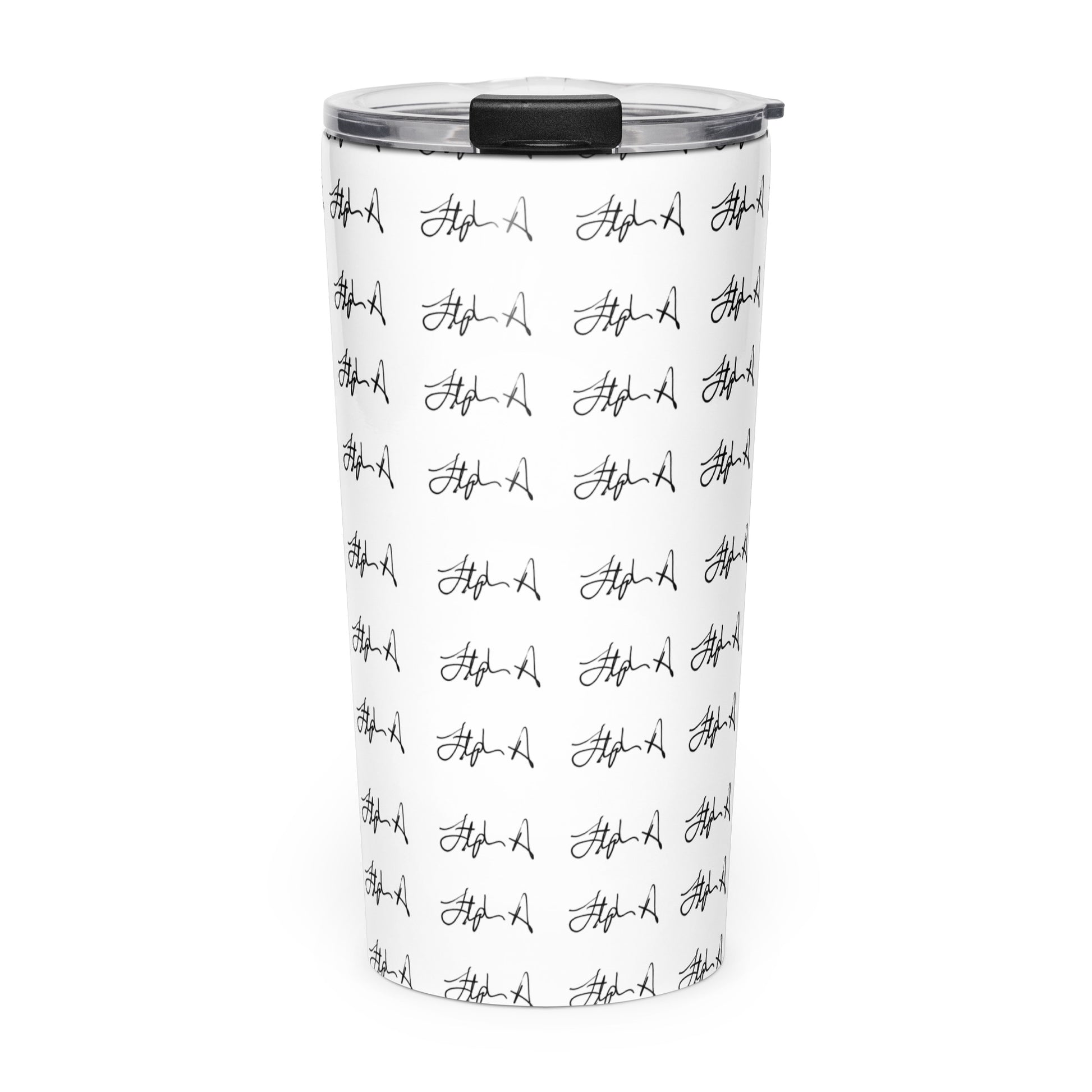 A white insulated travel tumbler with a black lid and black script logo print all over, shown on a plain white background. Stephen Allen Music