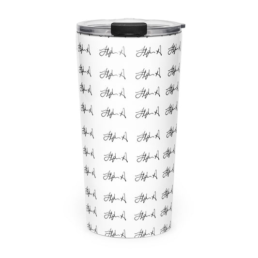 A white insulated travel tumbler with a black lid and black script logo print all over, shown on a plain white background. Stephen Allen Music