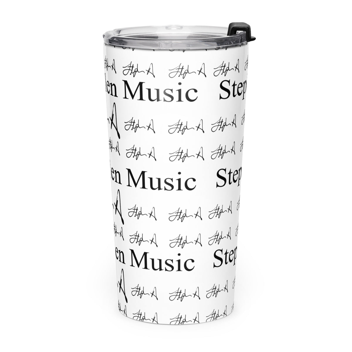A white insulated travel tumbler with a black lid, featuring a repeating black pattern of 'Stephen Allen Music' text and signatures, shown on a plain white background.