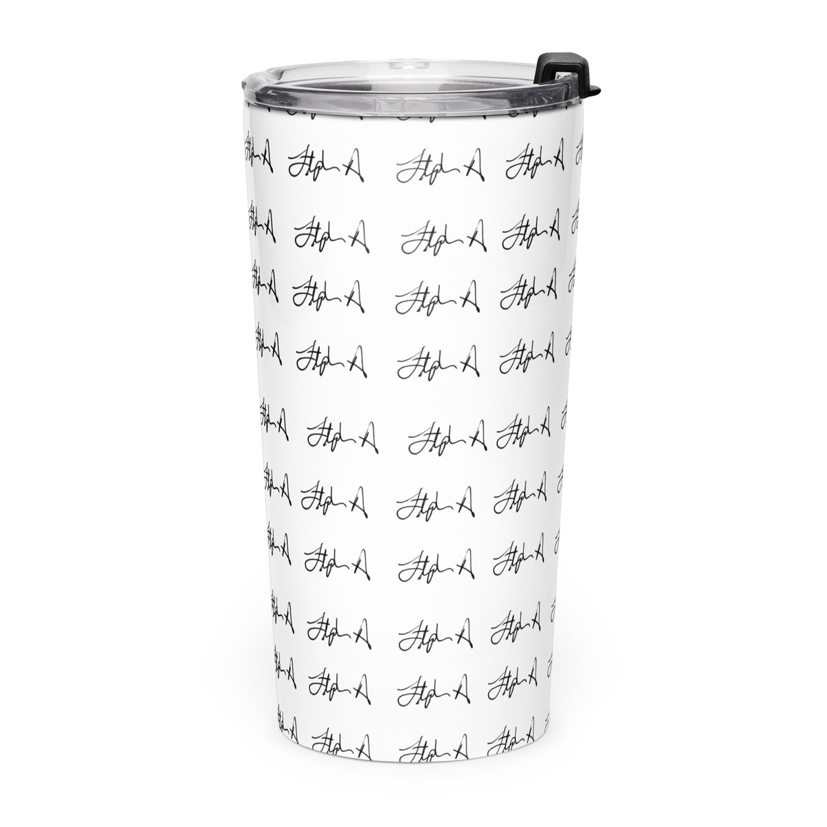 A white insulated travel tumbler with a black lid and black script logo print all over, shown on a plain white background. Stephen Allen Music
