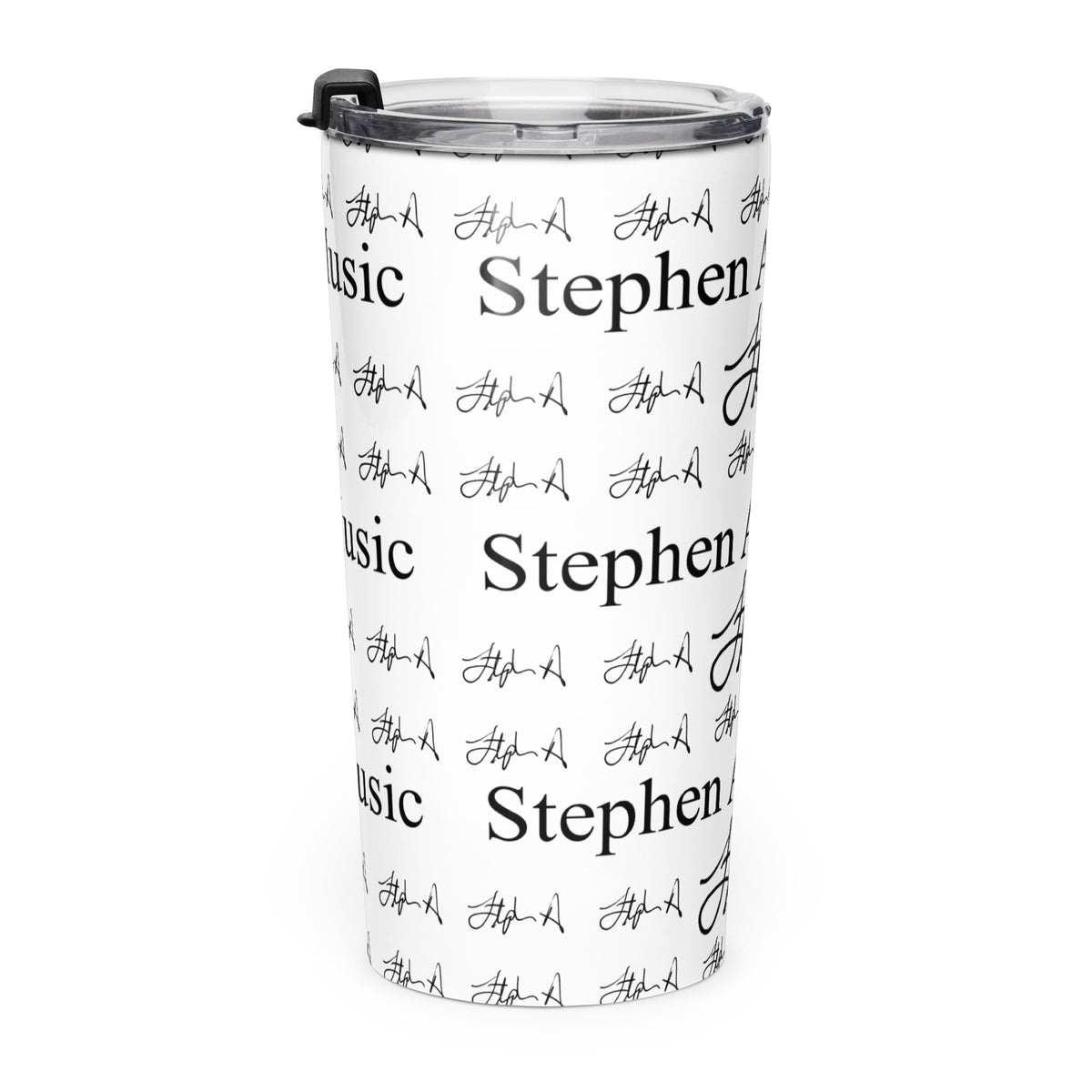 A white insulated travel tumbler with a black lid, featuring a repeating black pattern of 'Stephen Allen Music' text and signatures, shown on a plain white background.