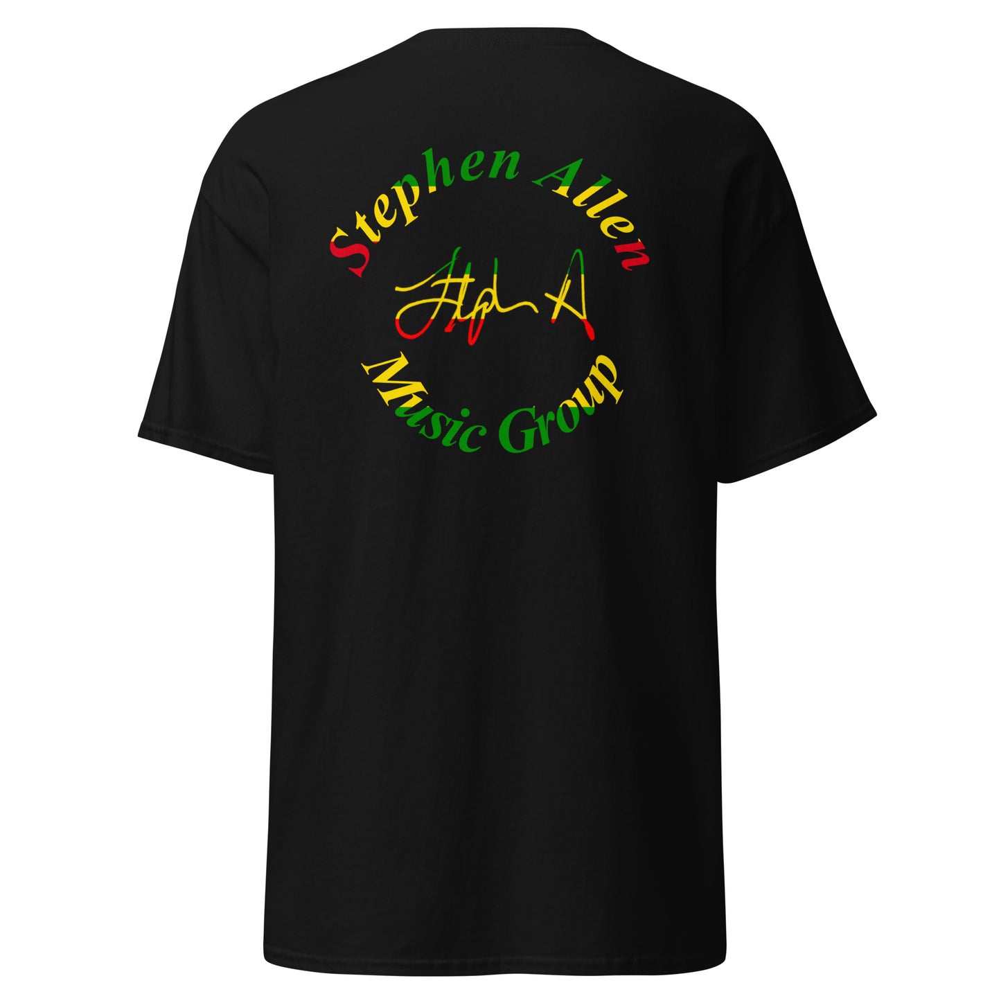 A black short-sleeve t-shirt shown from the back, featuring a circular graphic with the text 'Stephen Allen Music Group' in red, green, and yellow, along with a stylized signature. Stephen Allen Music