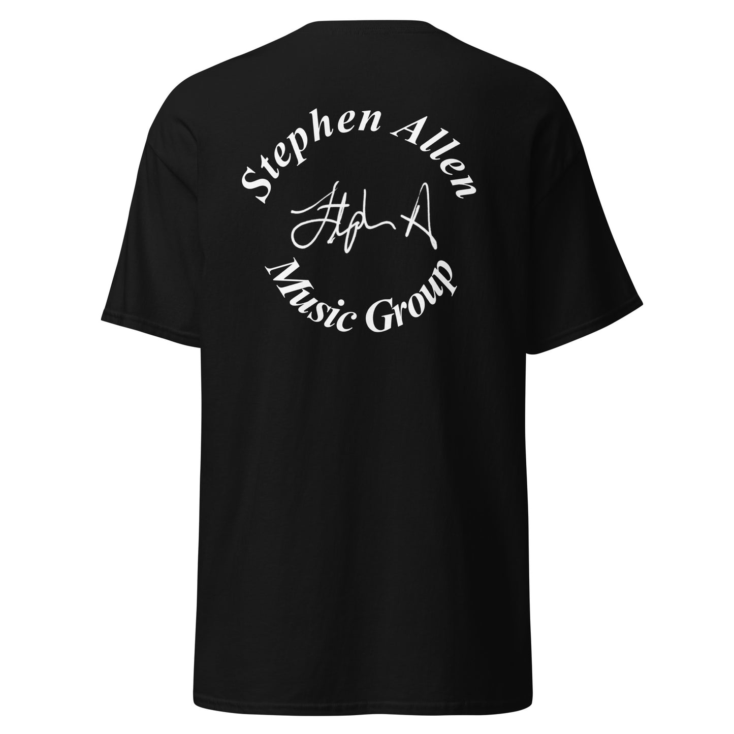 Black t-shirt with a large white logo on the back against a white background Stephen Allen Music