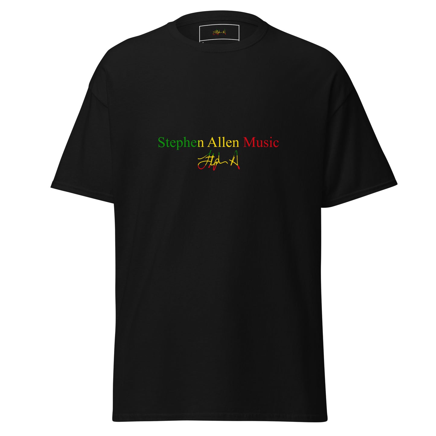 A black short-sleeve t-shirt shown from the back, featuring a circular graphic with the text 'Stephen Allen Music Group' in red, green, and yellow, along with a stylized signature. Stephen Allen Music