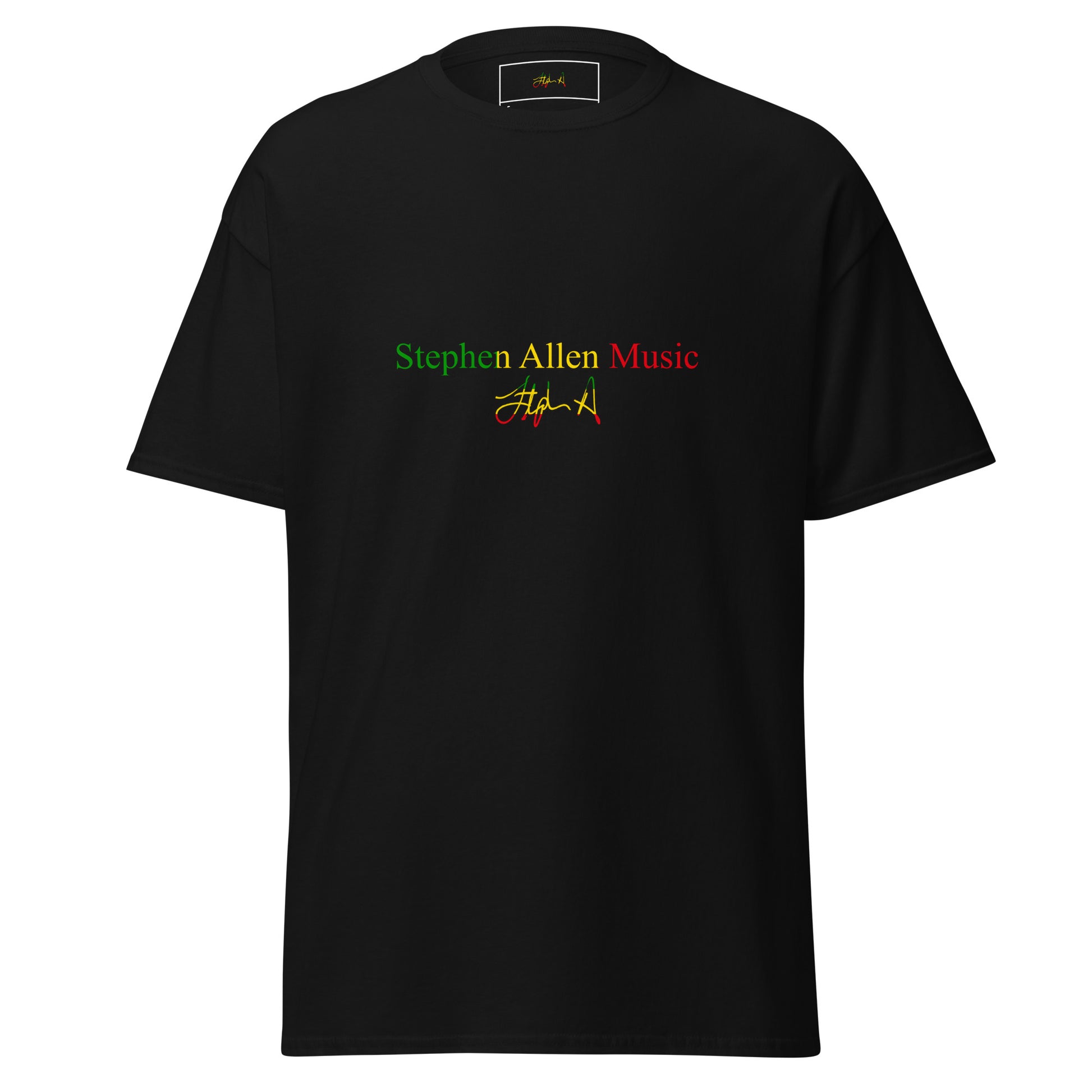 A black short-sleeve t-shirt shown from the back, featuring a circular graphic with the text 'Stephen Allen Music Group' in red, green, and yellow, along with a stylized signature. Stephen Allen Music