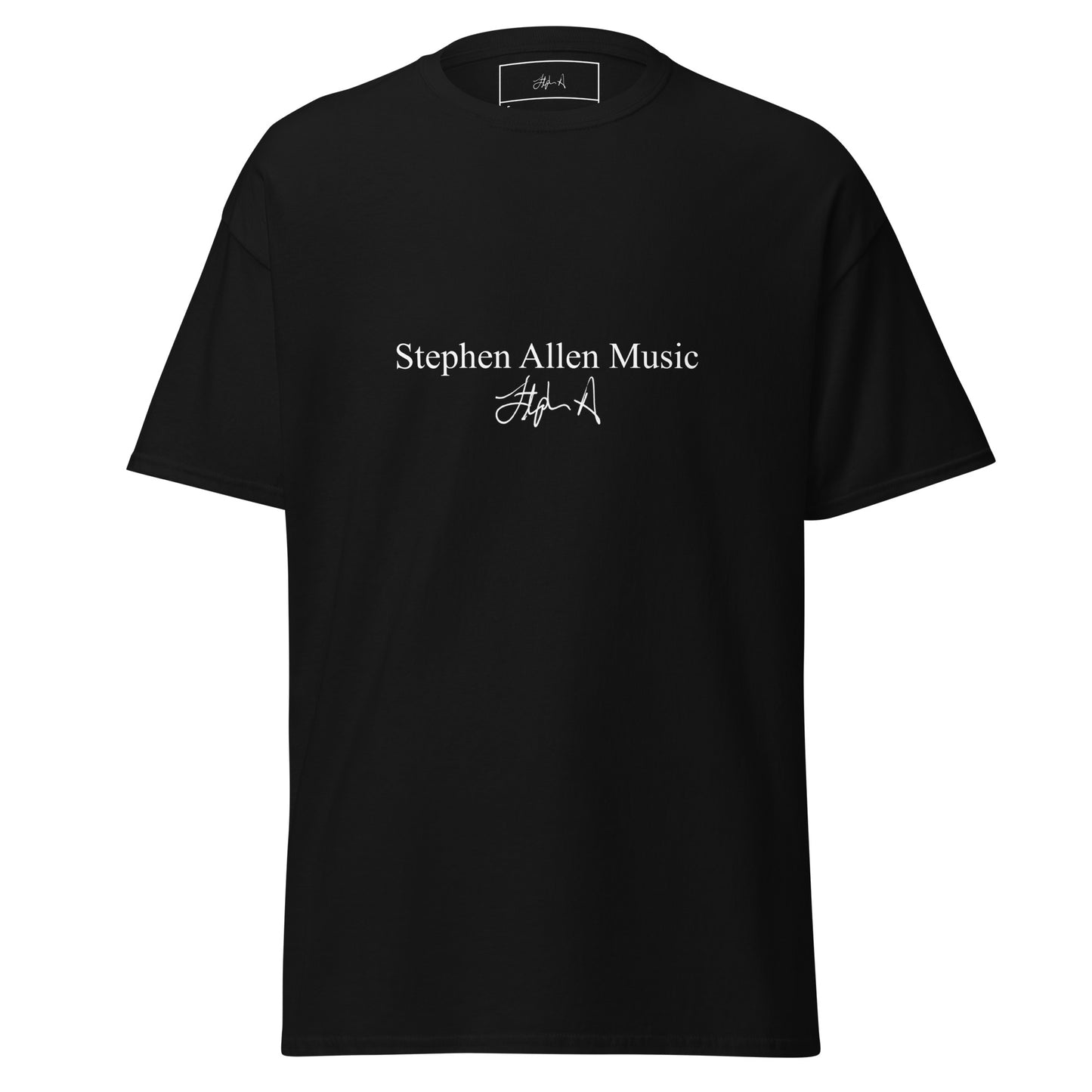 Black t-shirt with white text on a white background Stephen Allen Music