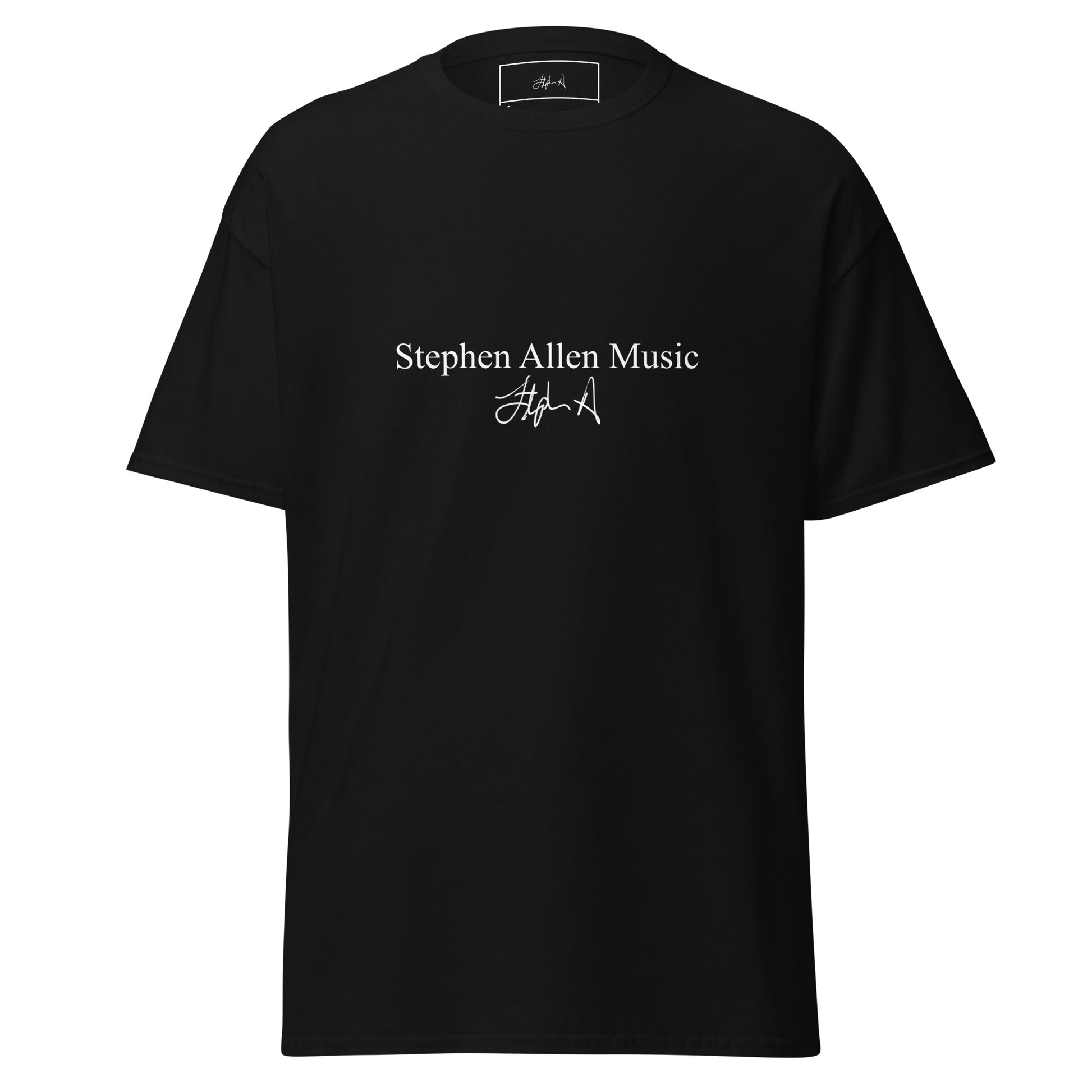 Black t-shirt with white text on a white background Stephen Allen Music