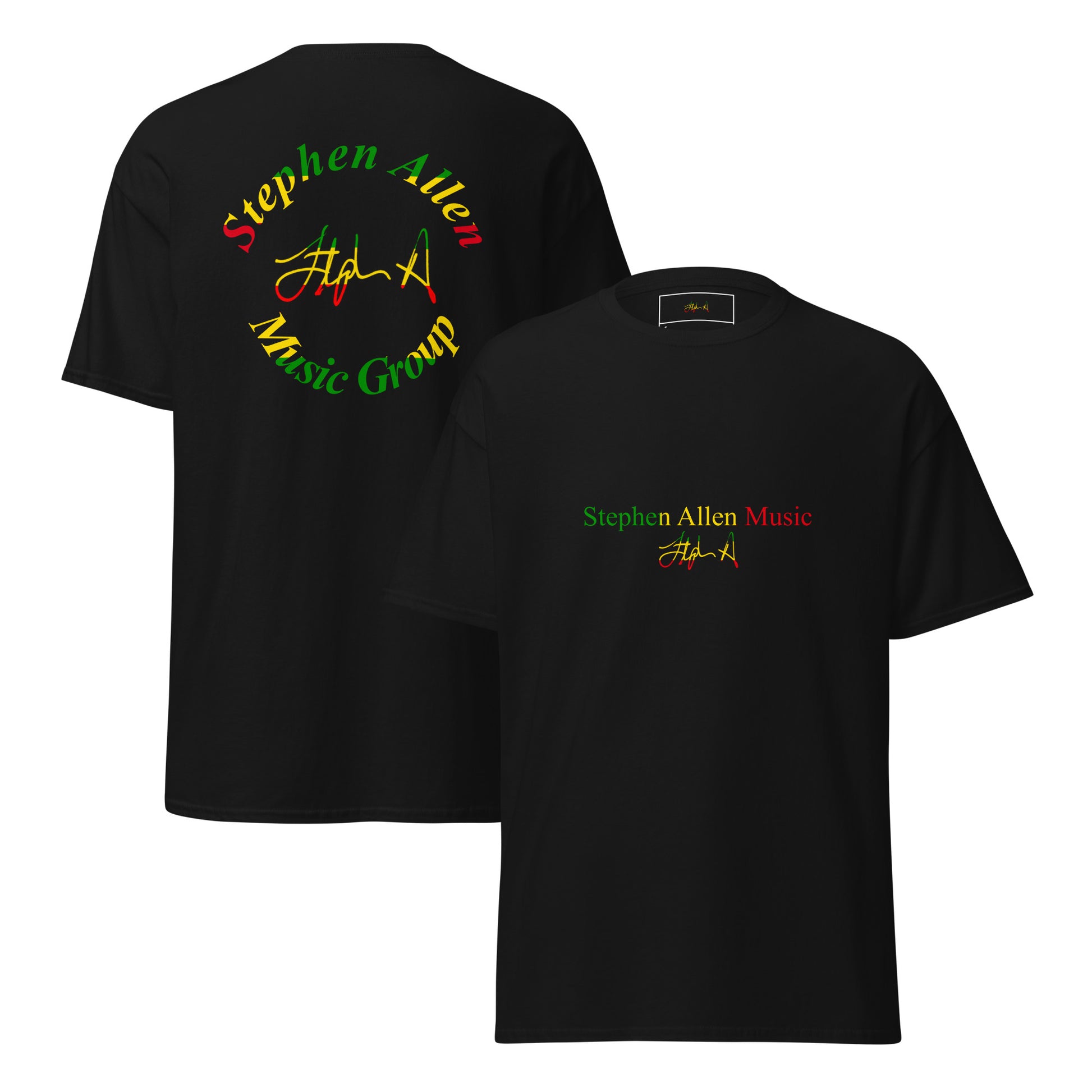 Black t-shirt with a logo on the front and text on the back, displayed from two angles. Stephen Allen Music