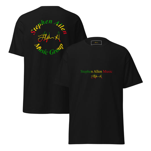 Black t-shirt with a logo on the front and text on the back, displayed from two angles. Stephen Allen Music