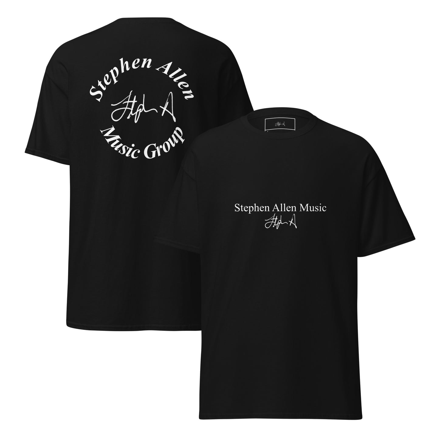 Black t-shirt with a logo on the front and back, displayed on a white background. Stephen Allen Music