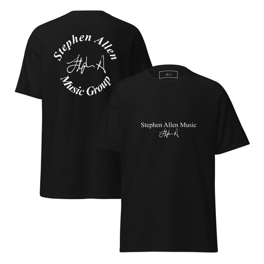 Black t-shirt with a logo on the front and back, displayed on a white background. Stephen Allen Music