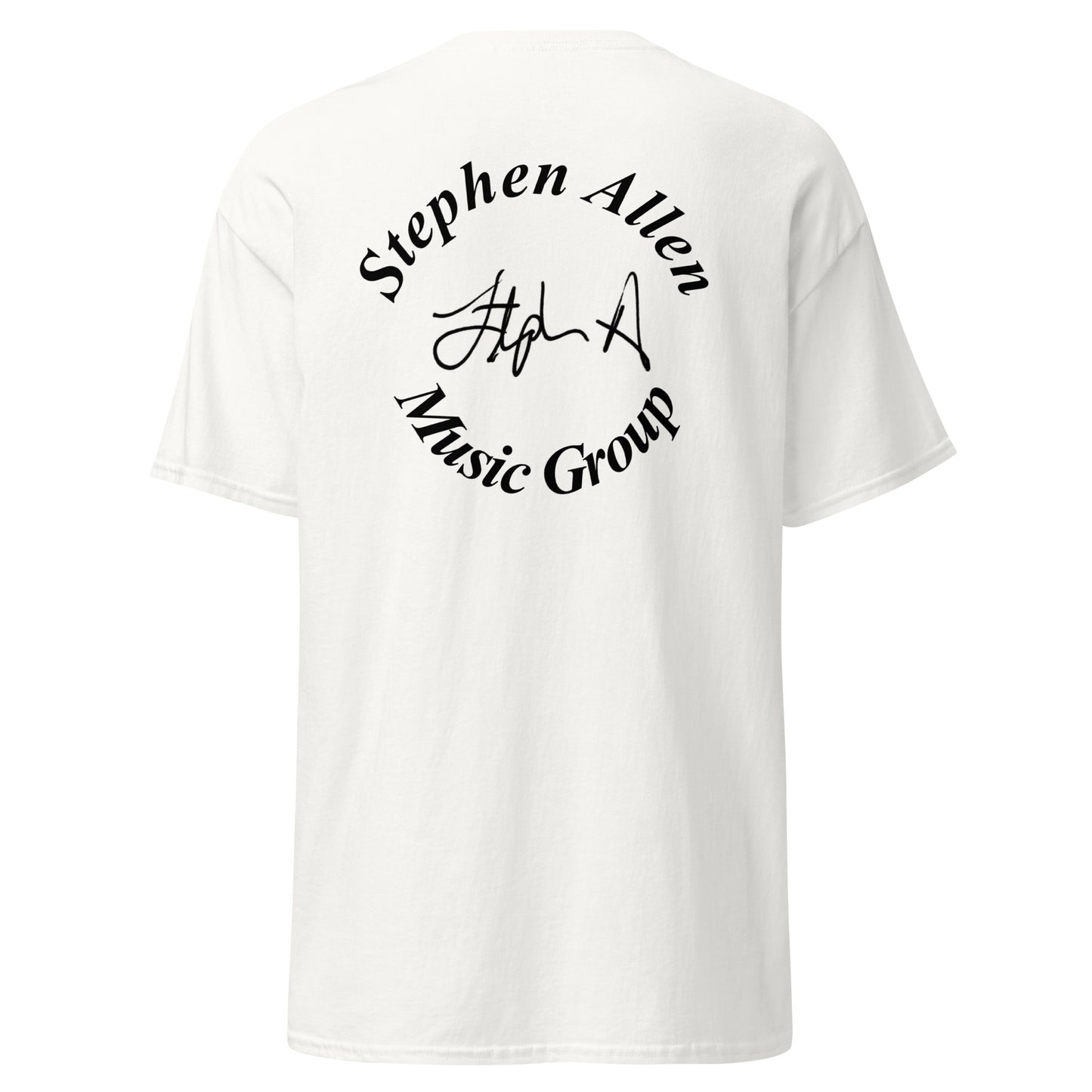 A white short-sleeve t-shirt shown from the back, featuring a black circular graphic print that reads 'Stephen Allen Music Group' around a stylized 'S.A' signature. Stephen Allen Music