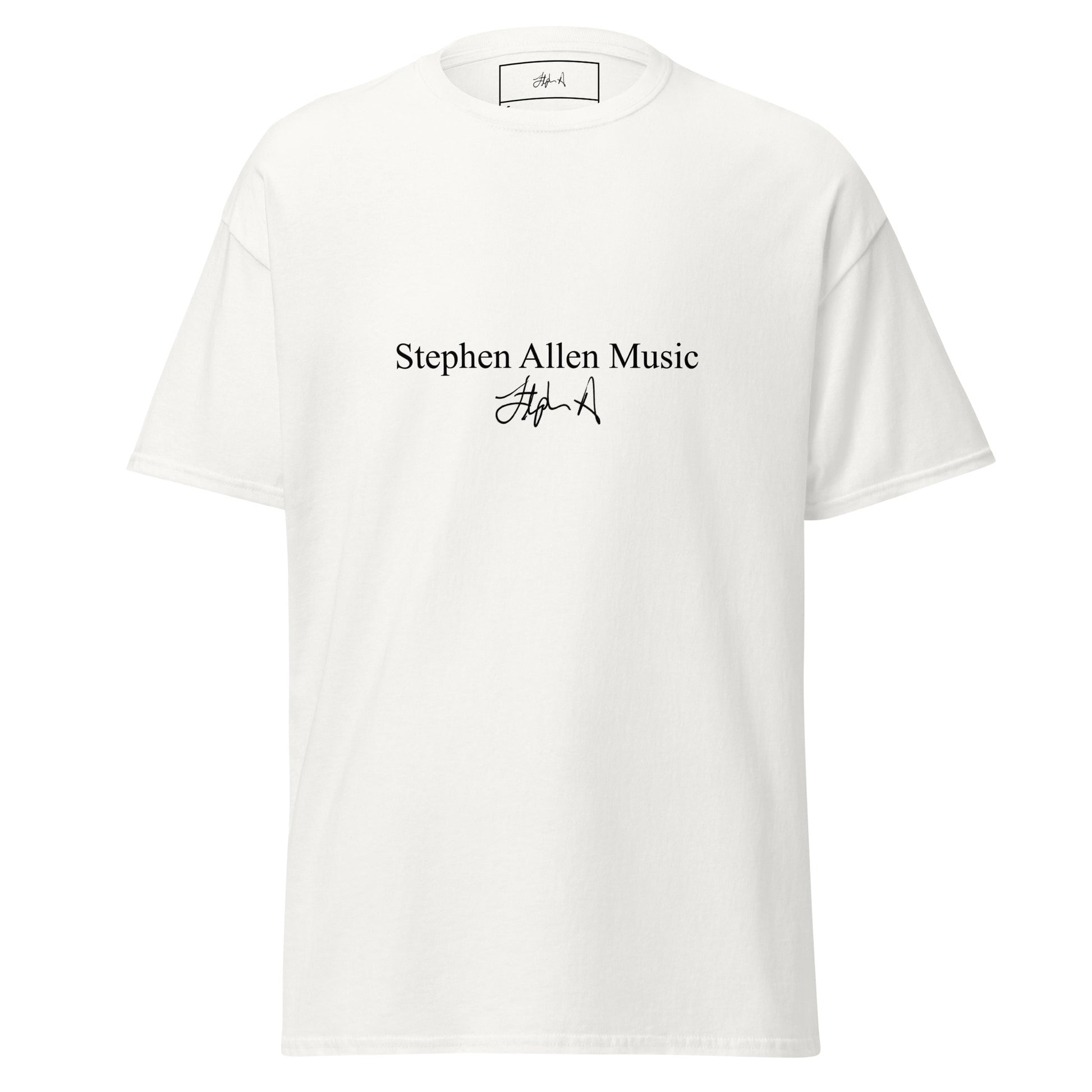A white short-sleeve t-shirt shown from the back, featuring a black circular graphic print that reads 'Stephen Allen Music Group' around a stylized 'S.A' signature. Stephen Allen Music