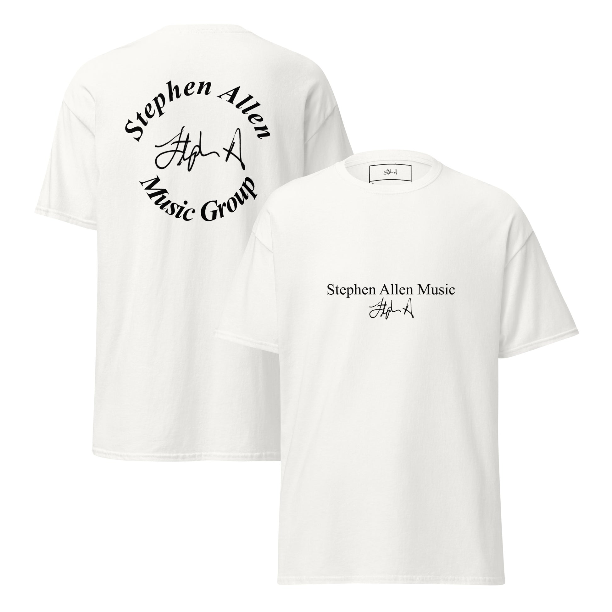 A white short-sleeve T-shirt shown from both front and back. The front has black text reading 'Stephen Allen Music' with a signature-style graphic below, and the back has a larger circular black graphic reading 'Stephen Allen Music Group' with a signature-style 'A'.
