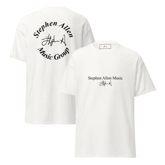 A white short-sleeve T-shirt shown from both front and back. The front has black text reading 'Stephen Allen Music' with a signature-style graphic below, and the back has a larger circular black graphic reading 'Stephen Allen Music Group' with a signature-style 'A'.
