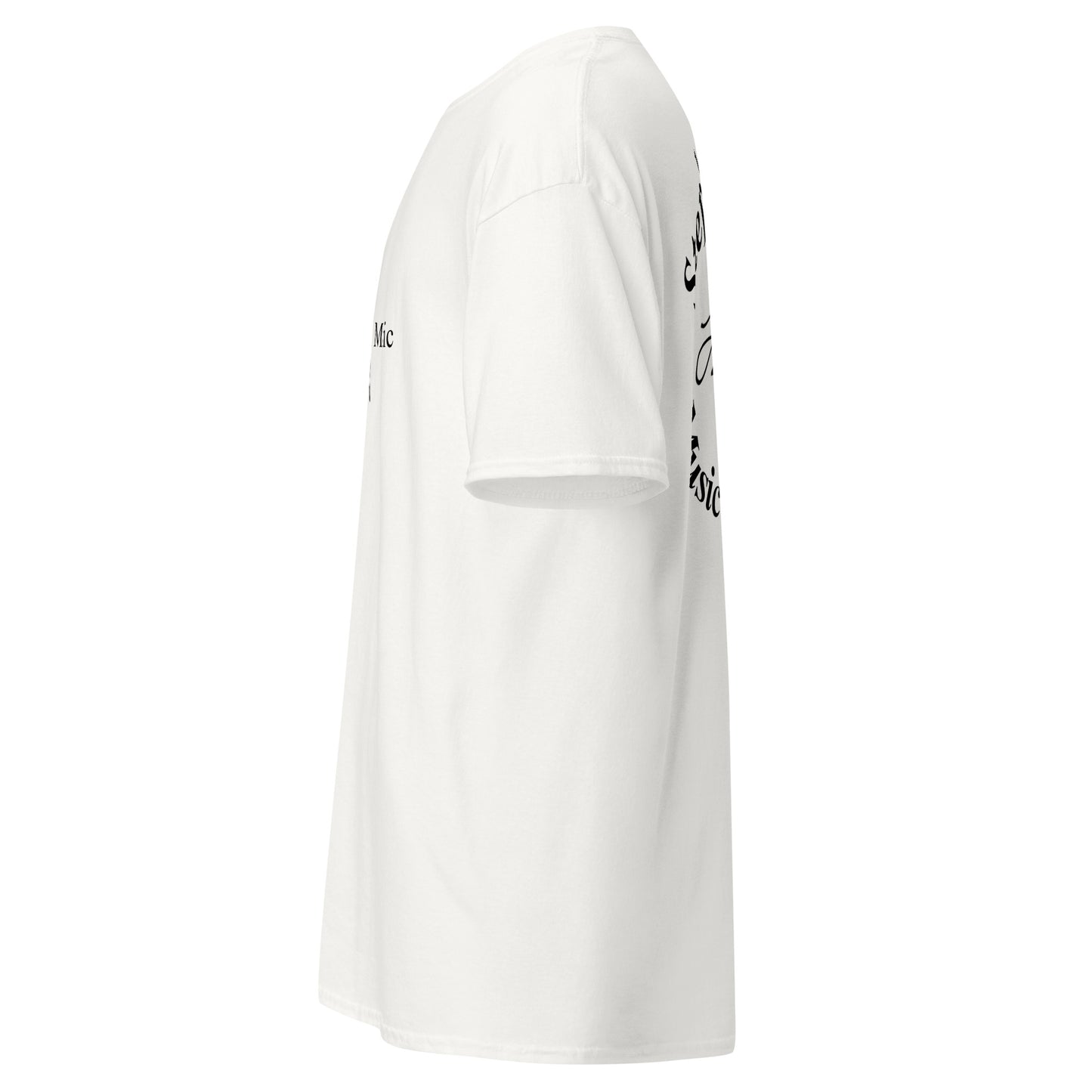 A white short-sleeve t-shirt shown from a side profile view, featuring black graphic text printed on the front and sleeve, set against a plain white background. Stephen Allen Music