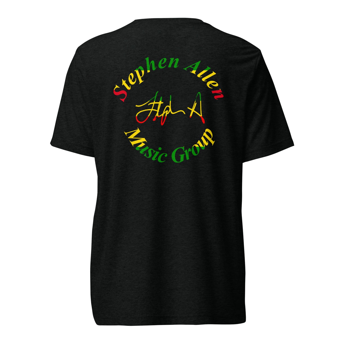 Black t-shirt with green text on the back against a white background Stephen Allen Music