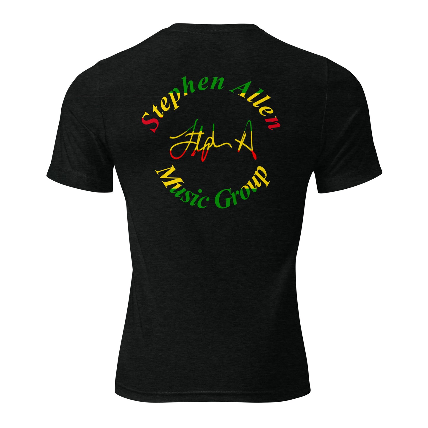 A black short-sleeve t-shirt shown from the back, featuring a circular graphic with the text 'Stephen Allen Music Group' in red, yellow, and green, along with a stylized signature in the center.