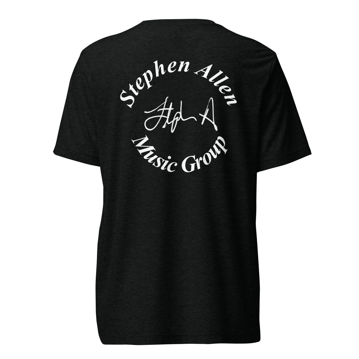 Black t-shirt with 'Stephen Allen Music Group' text on the back against a white background