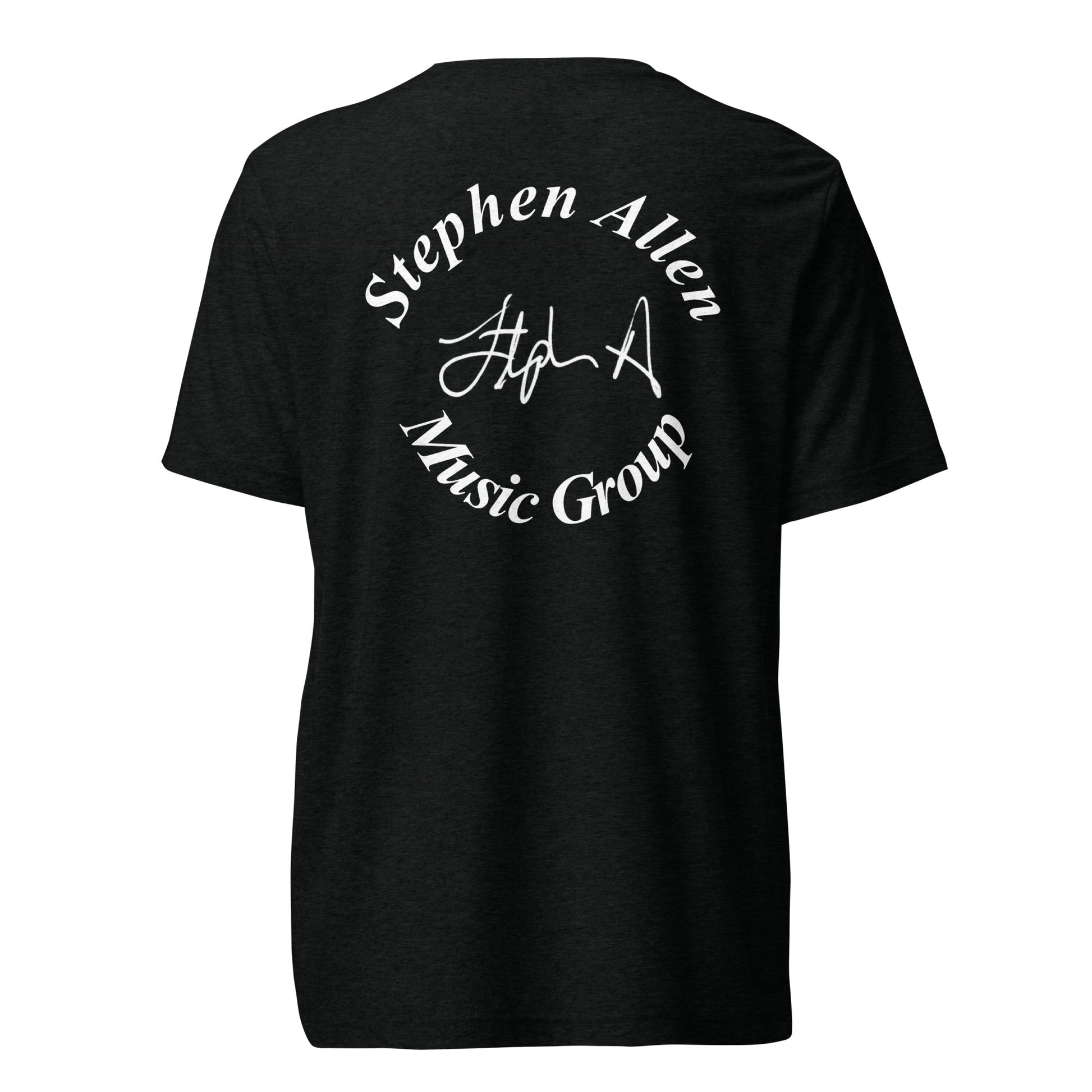 Black t-shirt with 'Stephen Allen Music Group' text on the back against a white background
