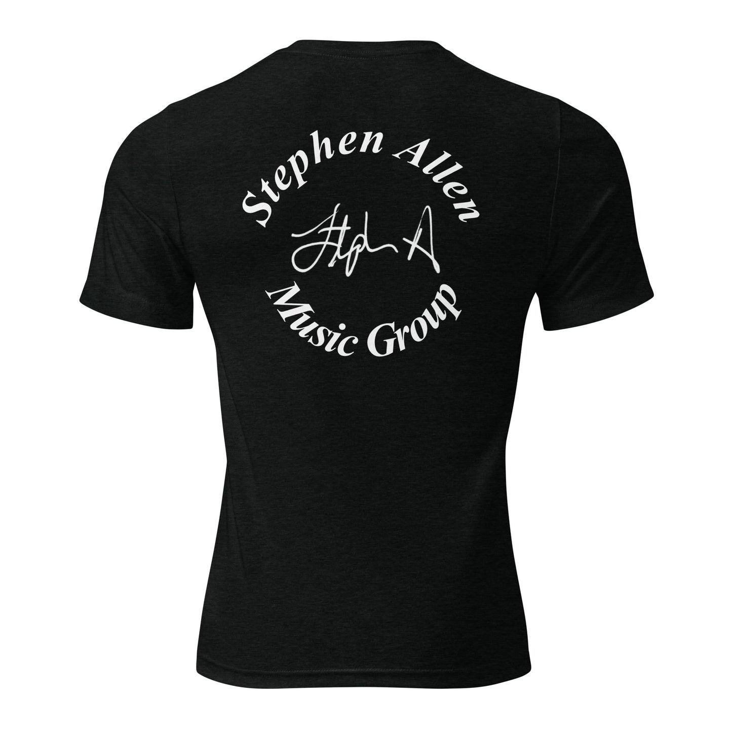 Black t-shirt with white wings and text on a white background Stephen Allen Music