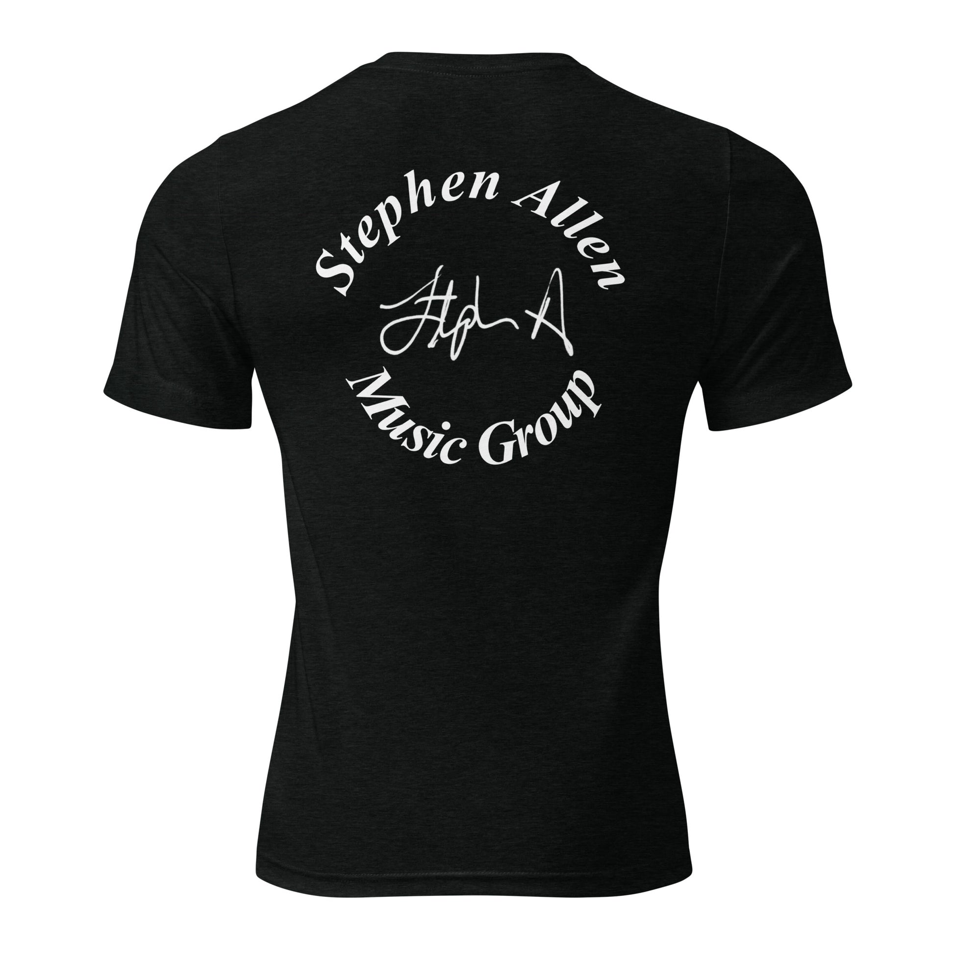 Black t-shirt with white wings and text on a white background Stephen Allen Music