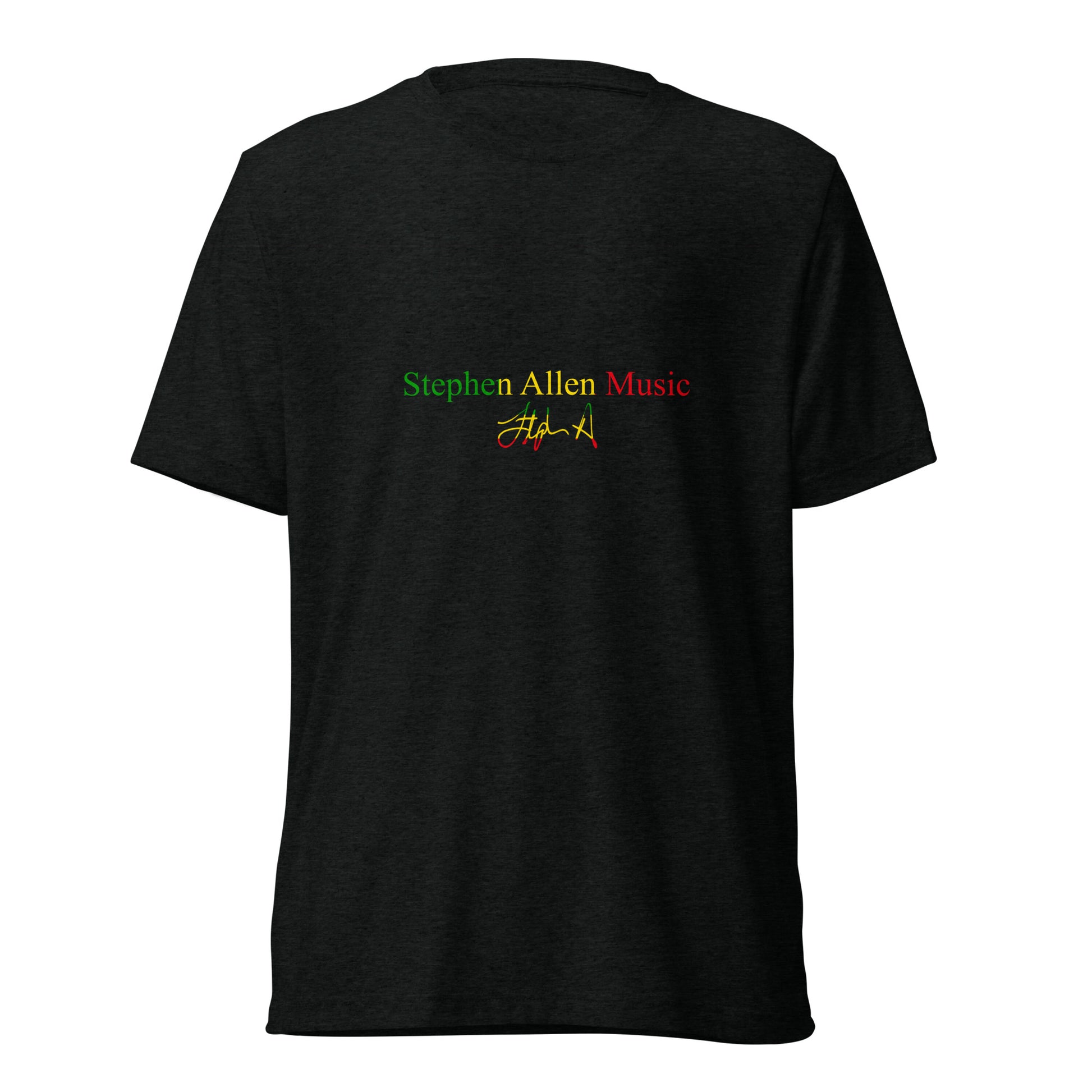 A black short-sleeve t-shirt with a graphic on the chest reading 'Stephen Allen Music' in green and red, and yellow and red script below it, shown against a plain white background.
