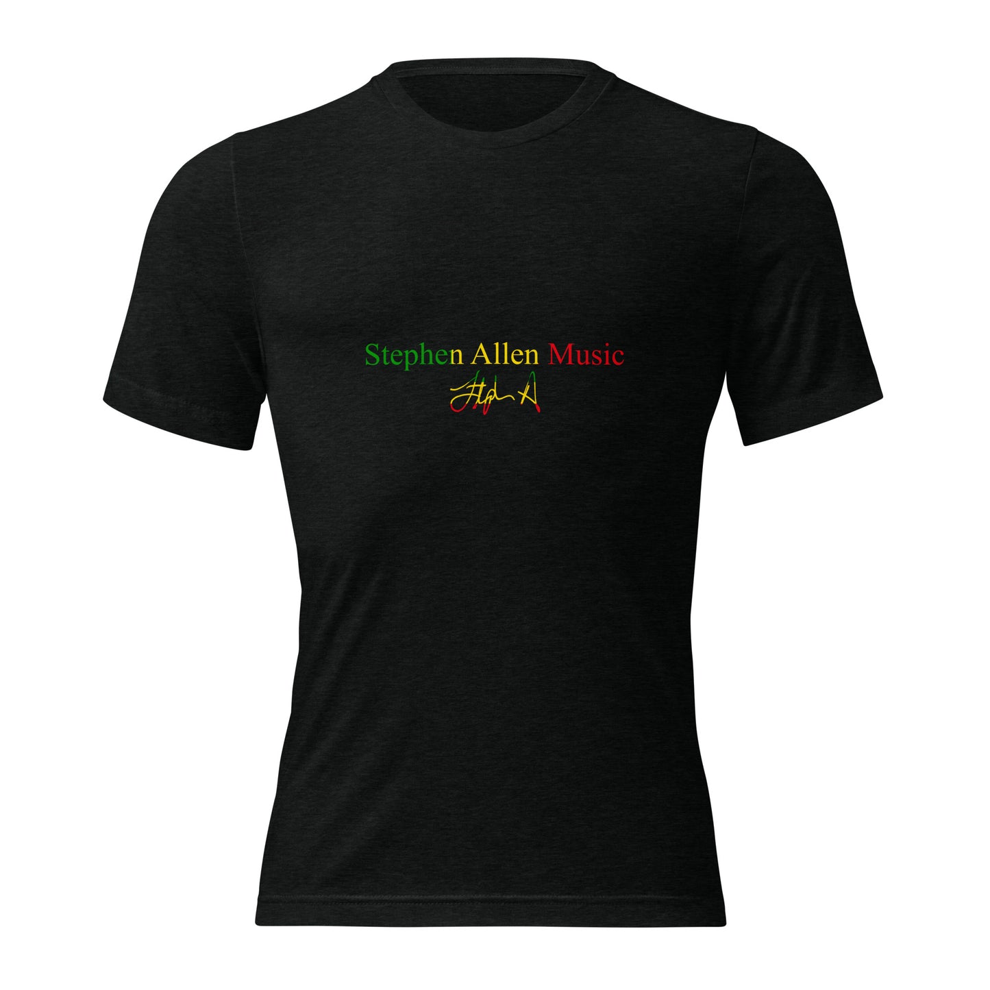 A black short-sleeve crewneck t-shirt with 'Stephen Allen Music' printed in green and red on the chest, accompanied by a red and green signature graphic, shown against a plain white background.
