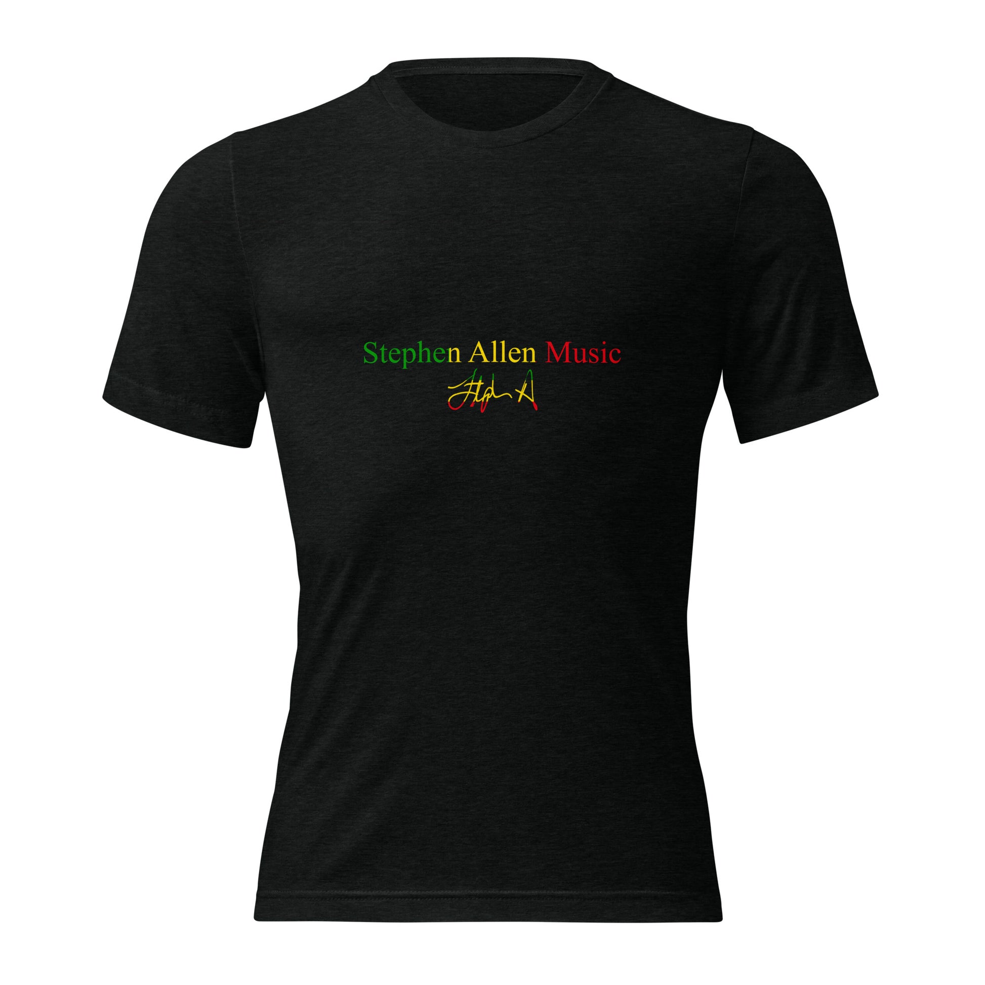 A black short-sleeve crewneck t-shirt with 'Stephen Allen Music' printed in green and red on the chest, accompanied by a red and green signature graphic, shown against a plain white background.