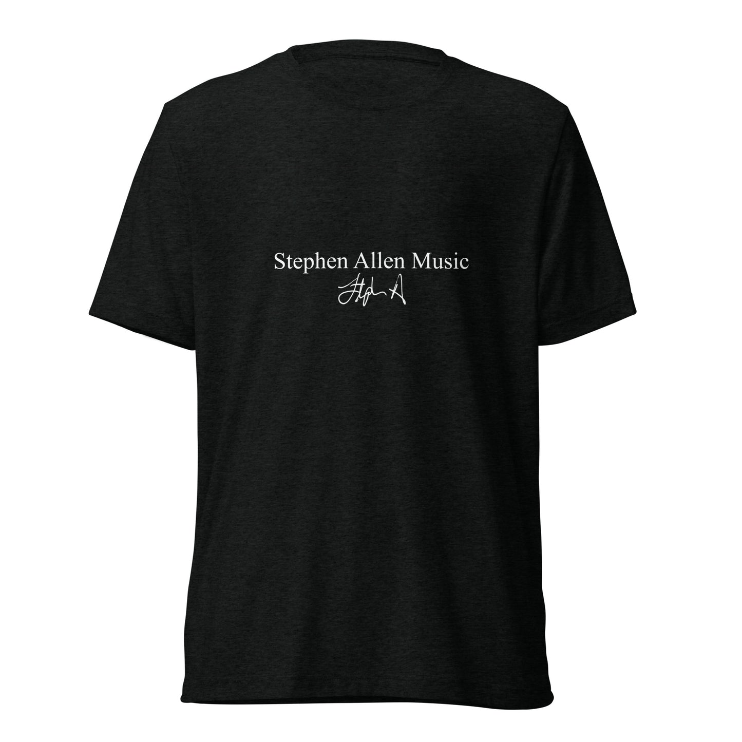 Black t-shirt with colorful Stephen Allen Music logo design and text on a white background