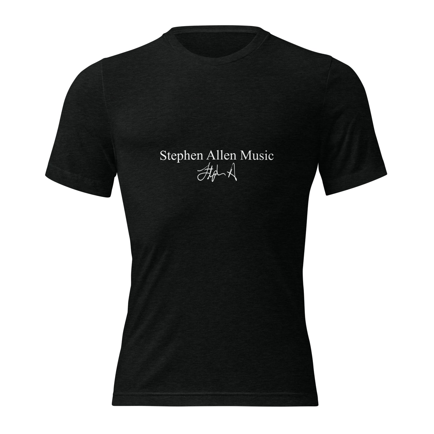 A black short-sleeve crewneck t-shirt with white text reading 'Stephen Allen Music' and a white signature graphic on the chest, displayed against a solid white background.