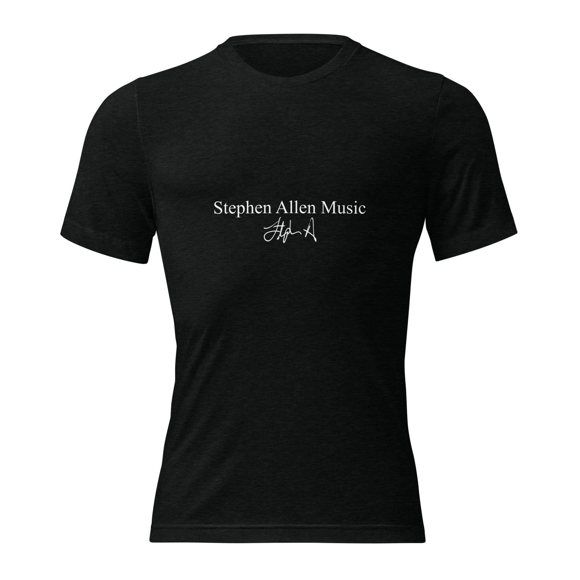 A black short-sleeve crewneck t-shirt with white text reading 'Stephen Allen Music' and a white signature graphic on the chest, displayed against a solid white background.