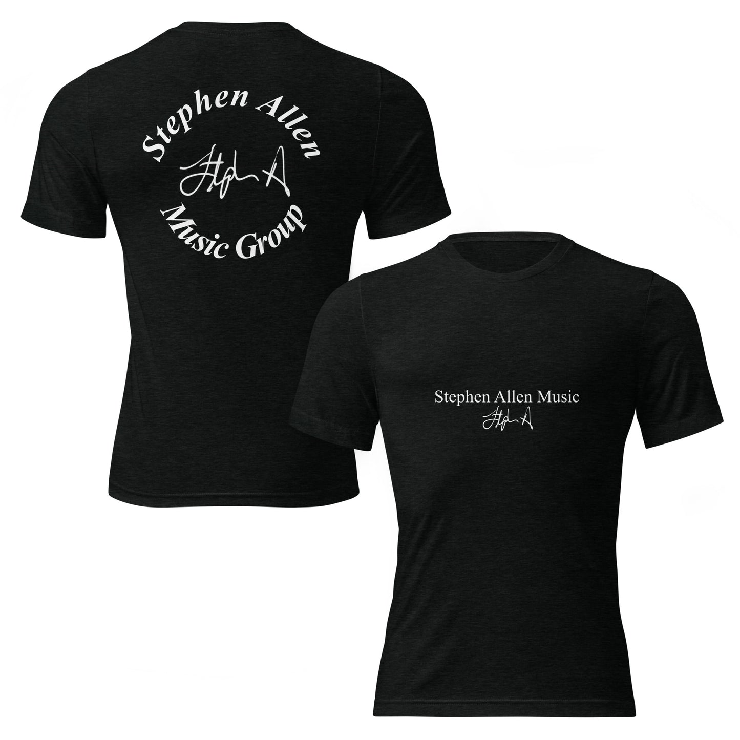Black short-sleeve crewneck t-shirt shown from both front and back. The front features 'Stephen Allen Music' and a signature printed on the left chest, while the back features a larger circular 'Stephen Allen Music Group' graphic with a signature in white.