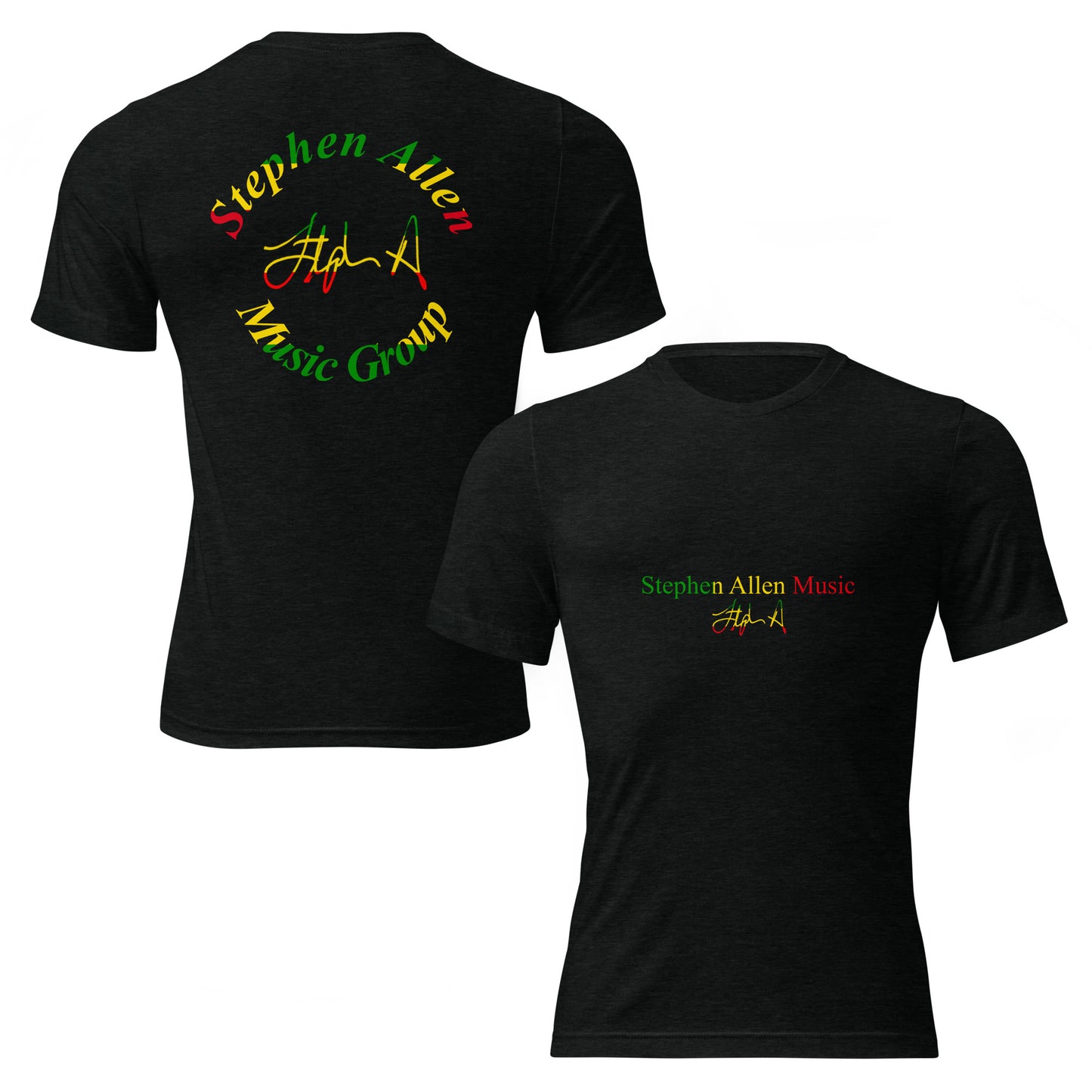 Two black short-sleeve T-shirts shown on a white background, one displaying the back with a large circular 'Stephen Allen Music Group' graphic in red, yellow, and green, and the other showing the front with a smaller matching chest graphic.