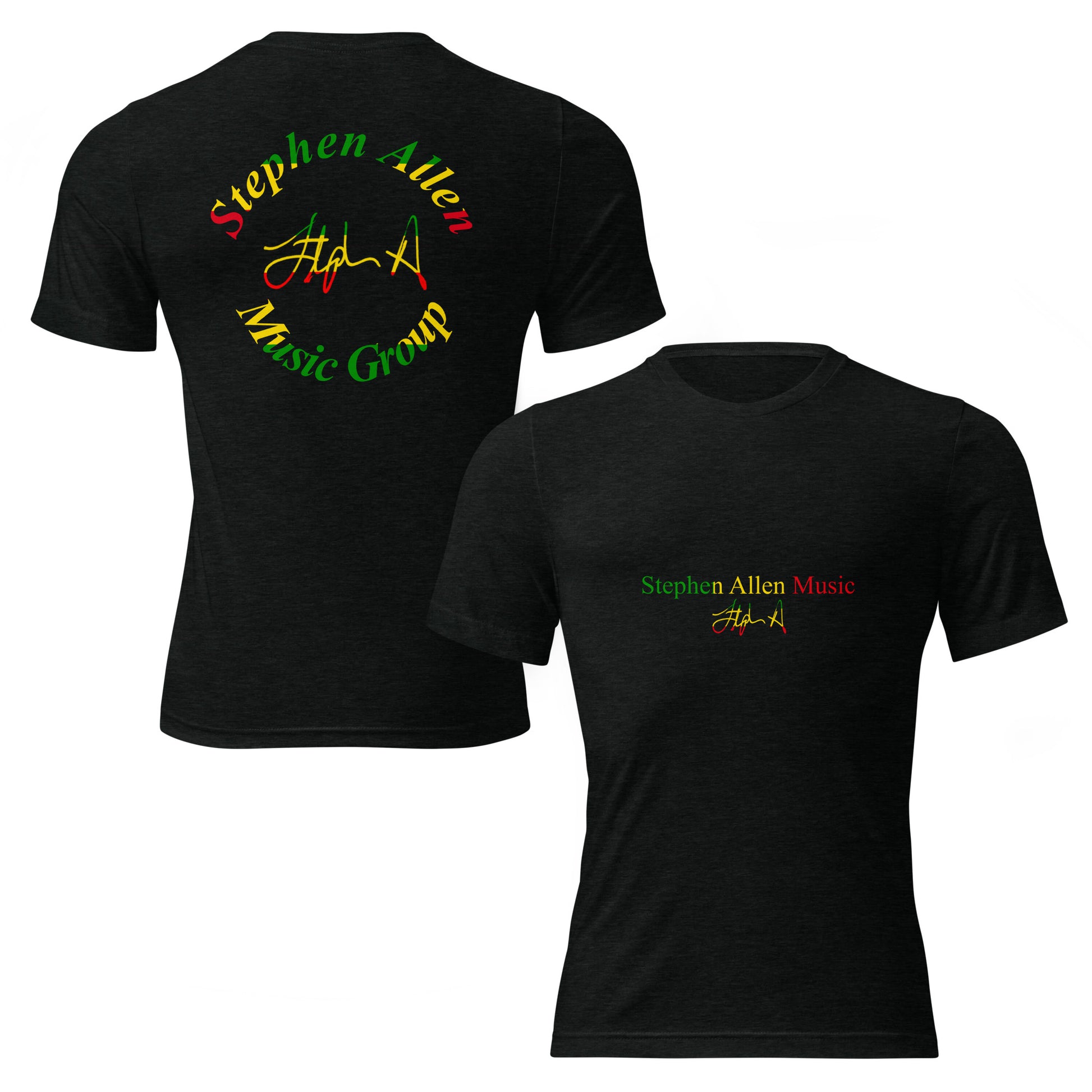 Two black short-sleeve T-shirts shown on a white background, one displaying the back with a large circular 'Stephen Allen Music Group' graphic in red, yellow, and green, and the other showing the front with a smaller matching chest graphic.