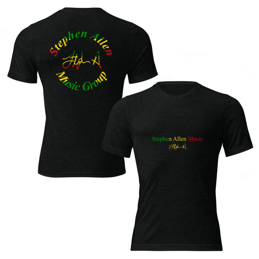 Two black short-sleeve T-shirts shown on a white background, one displaying the back with a large circular 'Stephen Allen Music Group' graphic in red, yellow, and green, and the other showing the front with a smaller matching chest graphic.