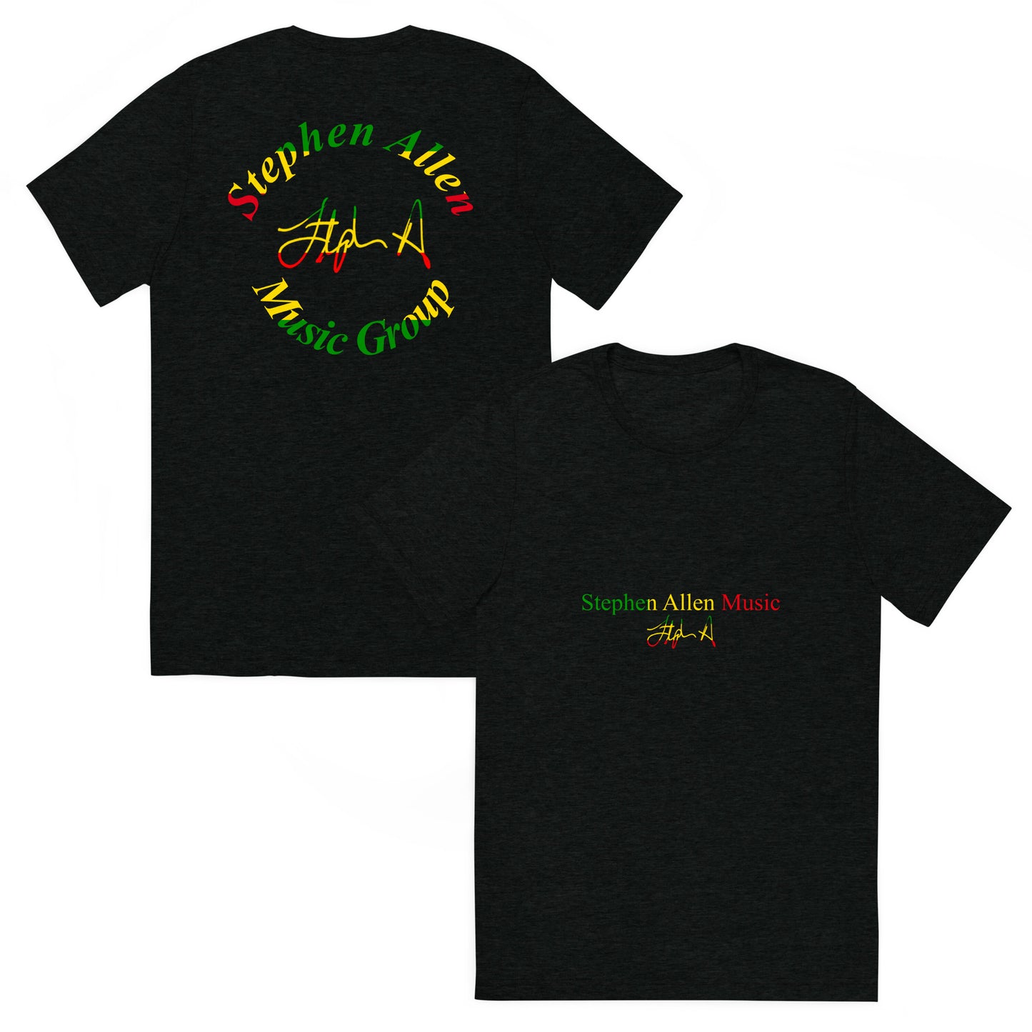 Two black short-sleeve T-shirts shown on a white background, one displaying the back with a large circular 'Stephen Allen Music Group' graphic in red, yellow, and green, and the other showing the front with a smaller matching chest graphic.