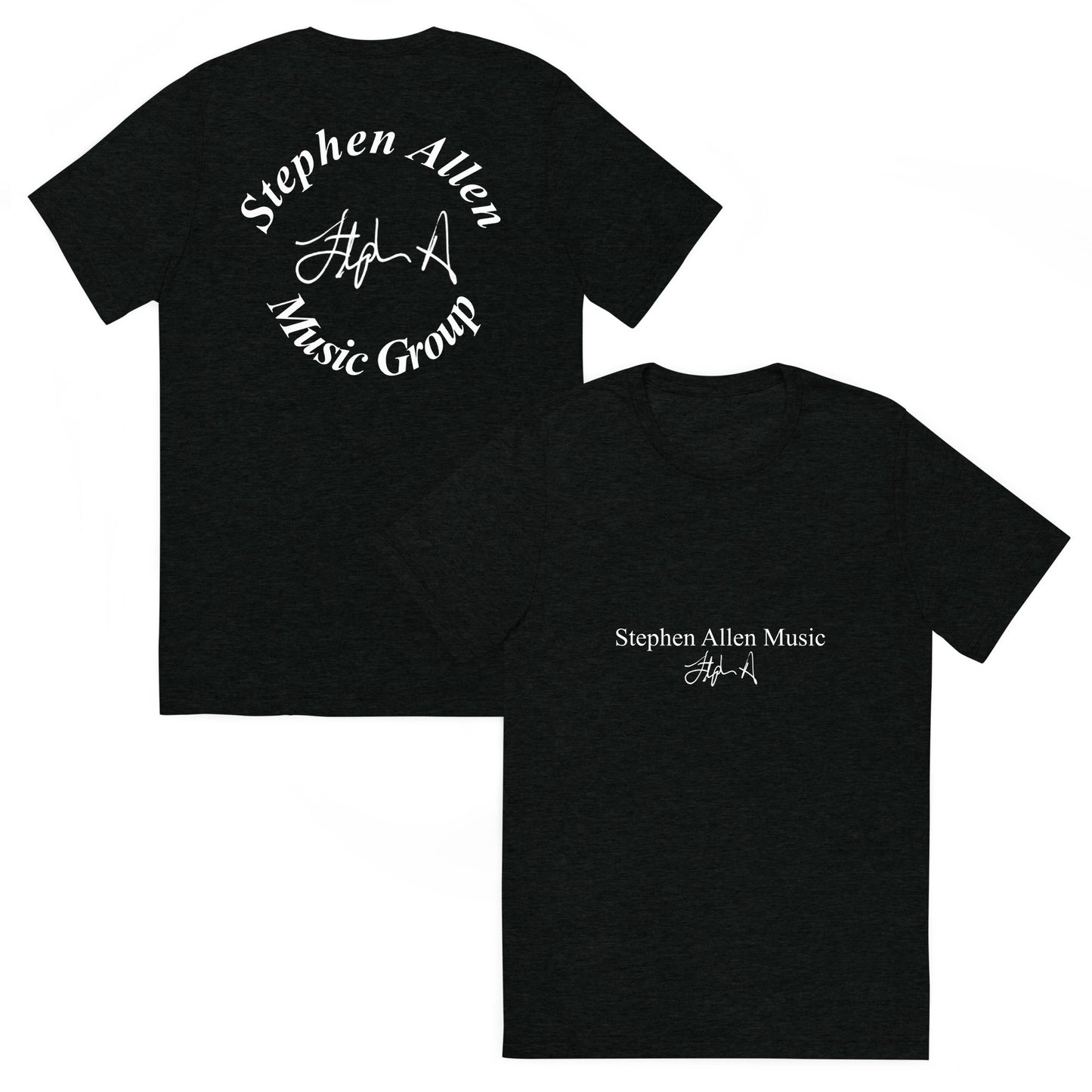 Black t-shirt with yellow and white logo on a white background Stephen Allen Music