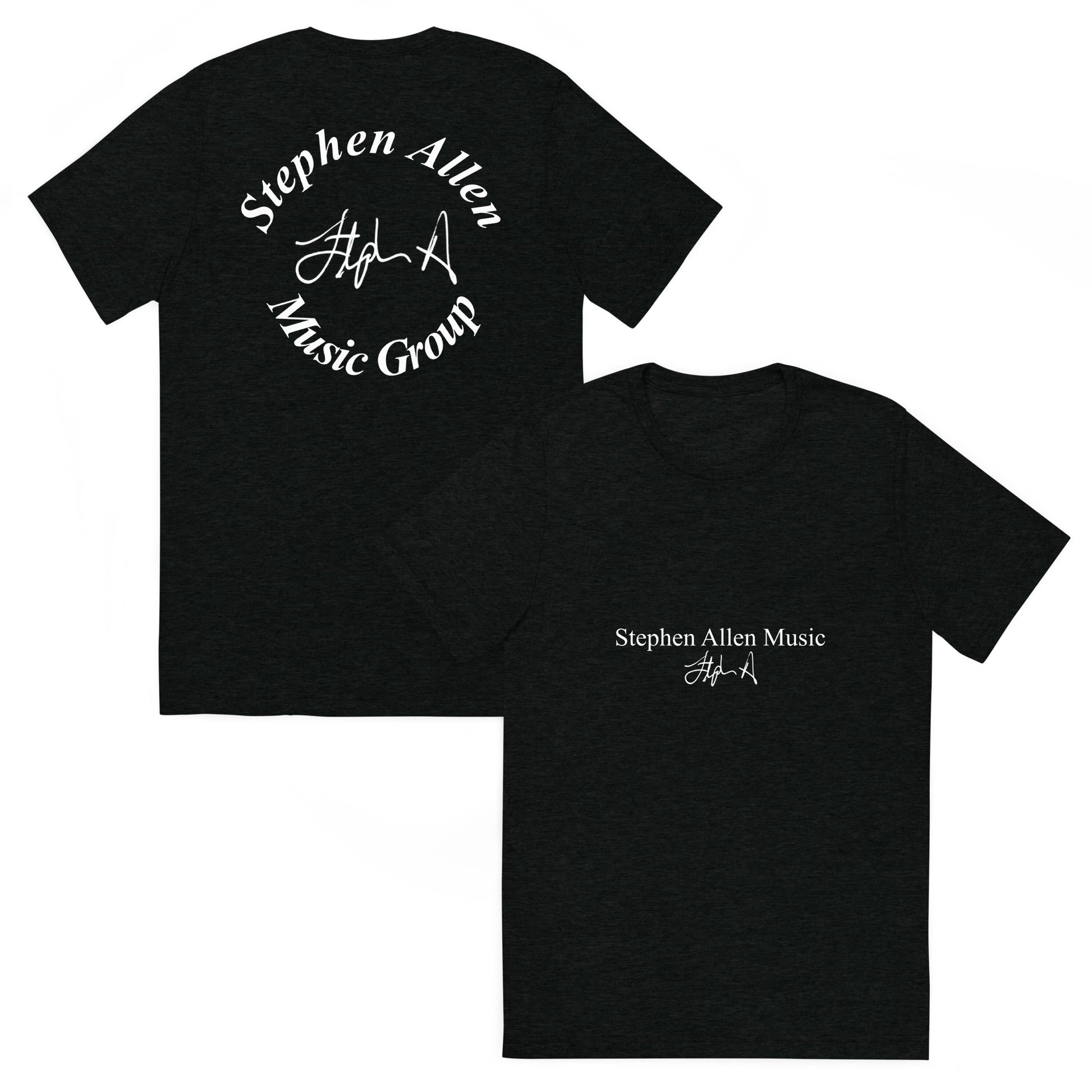 Black t-shirt with yellow and white logo on a white background Stephen Allen Music
