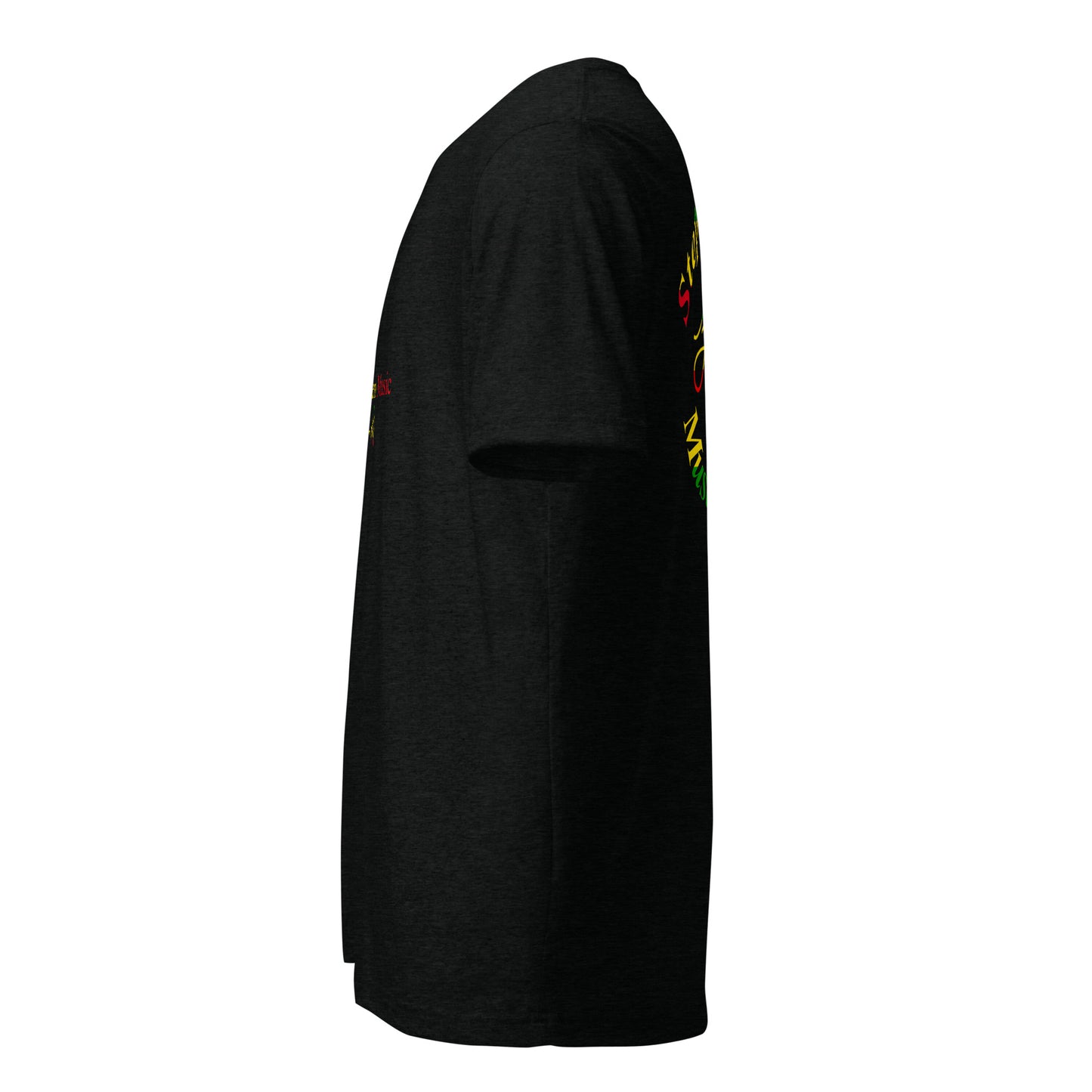 Black t-shirt with colorful graphics on sleeves against a white background Stephen Allen Music