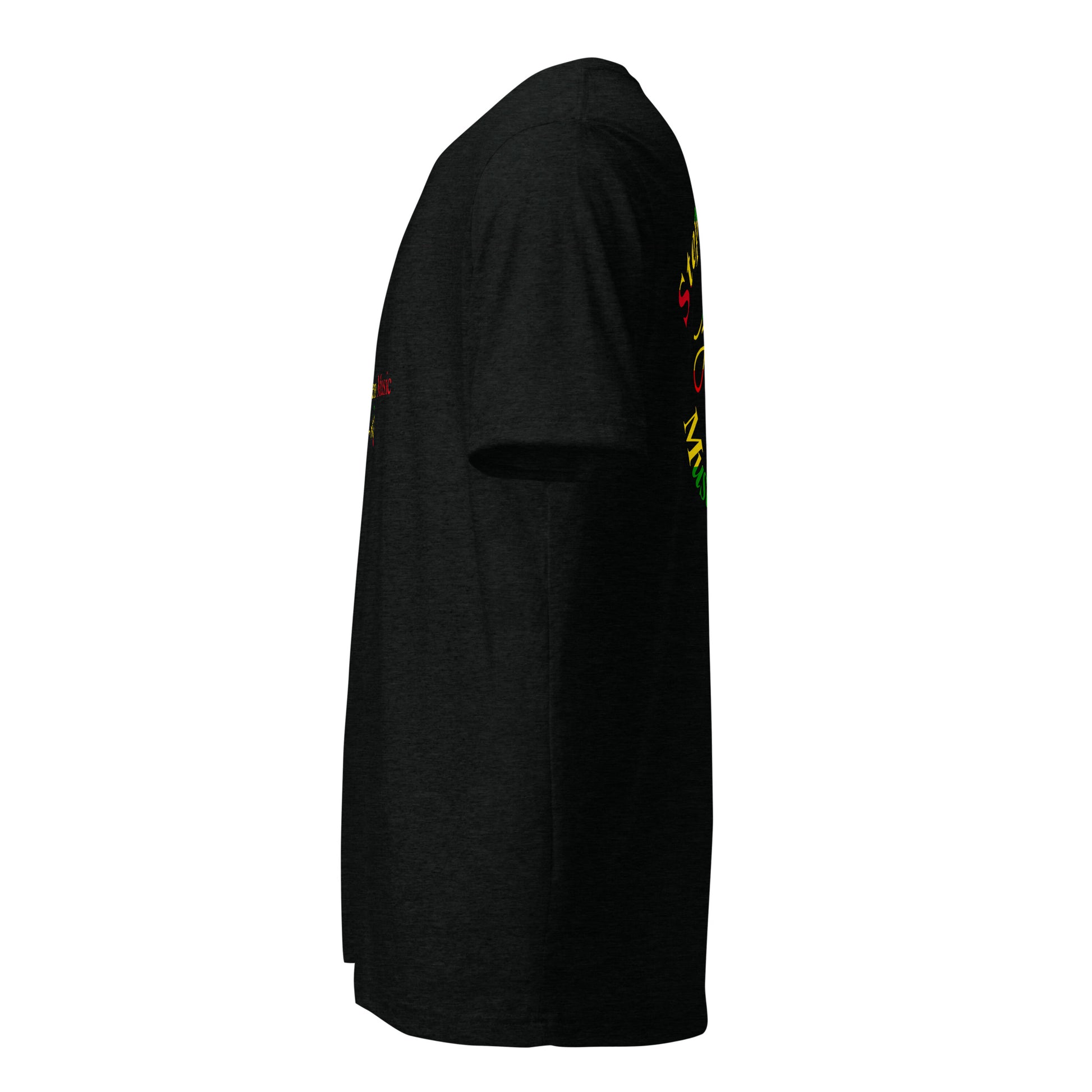 Black t-shirt with colorful graphics on sleeves against a white background Stephen Allen Music