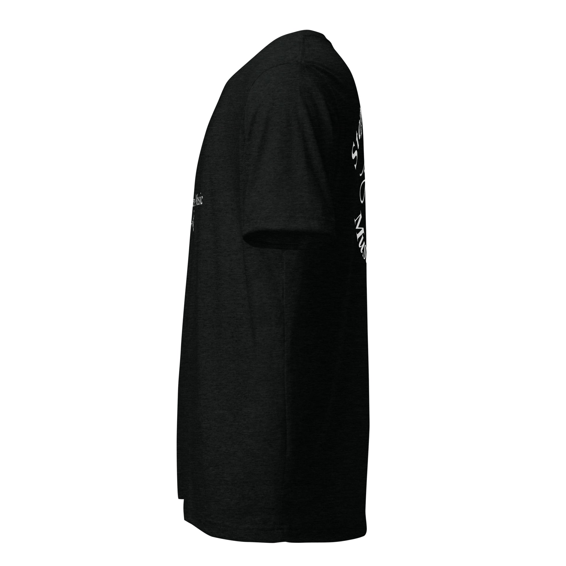 Black t-shirt with a logo on the sleeve against a white background Stephen Allen Music